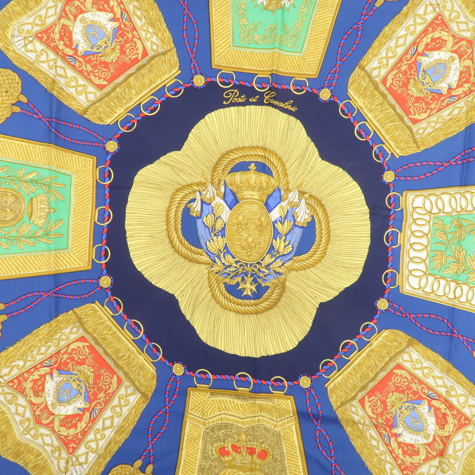 HHERMES Carre 90 Silk 100% Scarf Poste et Cavalerie Navy Gold