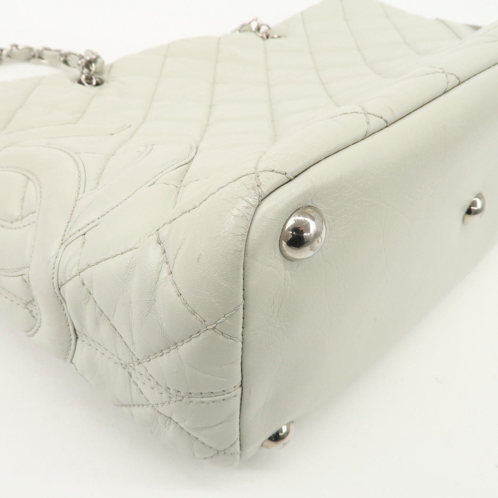 CHANEL Cambon Line Cotton Club Lamb Skin Shoulder Bag Hand Bag White A34318 Used