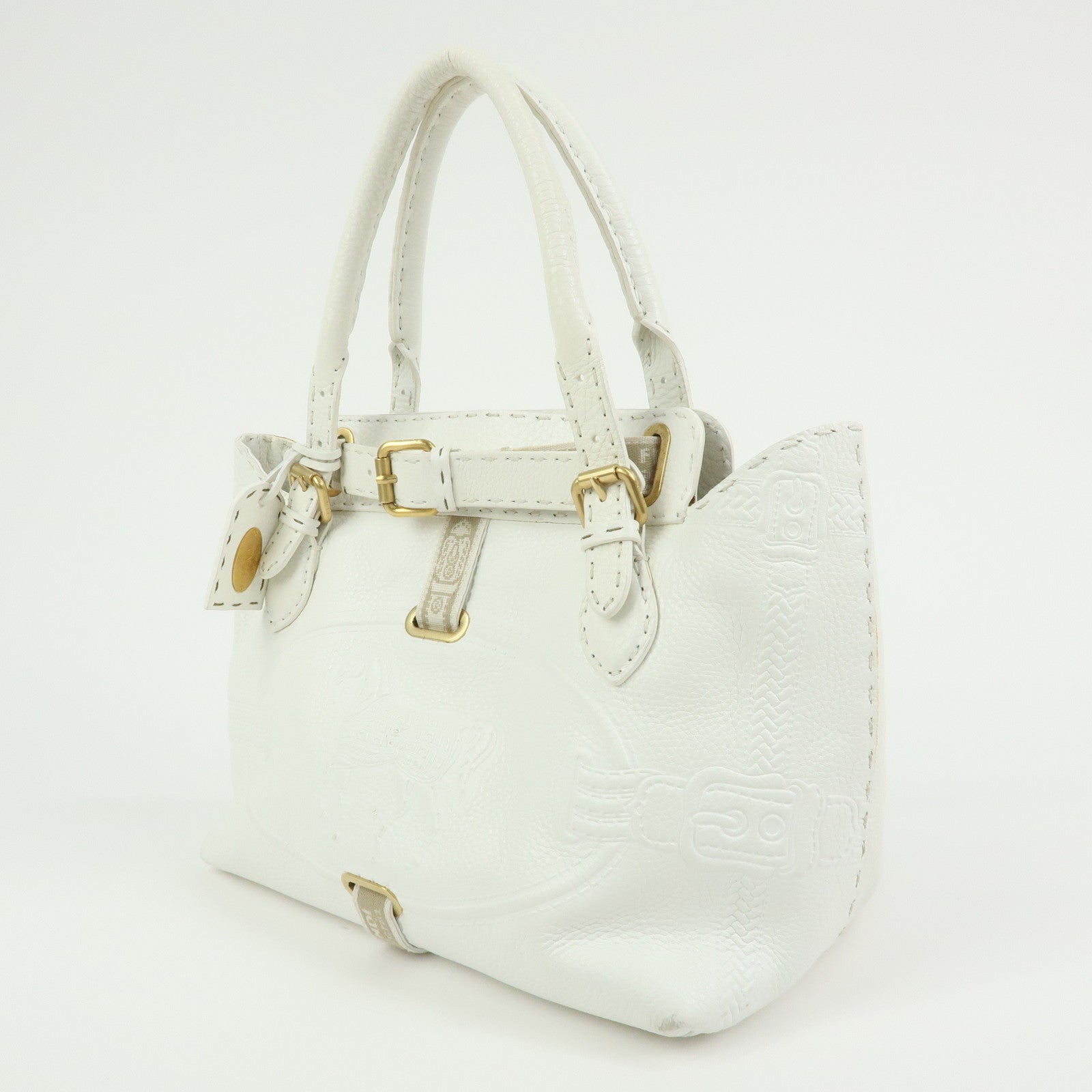 FENDI Selleria Villa Borghese Leather Hand Tote Bag White 8BN155