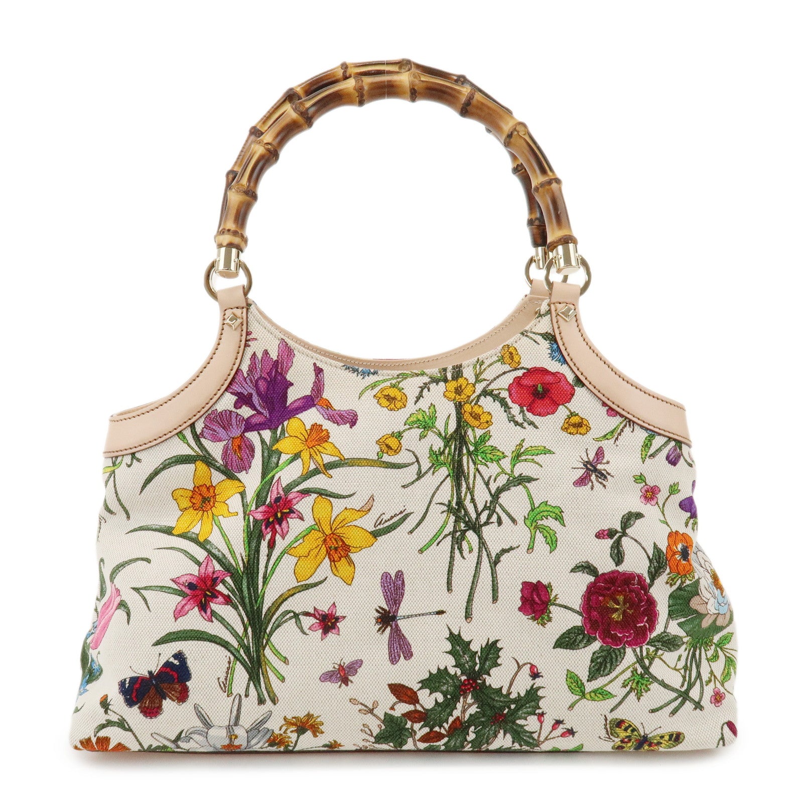 GUCCI Bamboo Flora Canvas Leather Hand Bag Multicolor Beige 137395