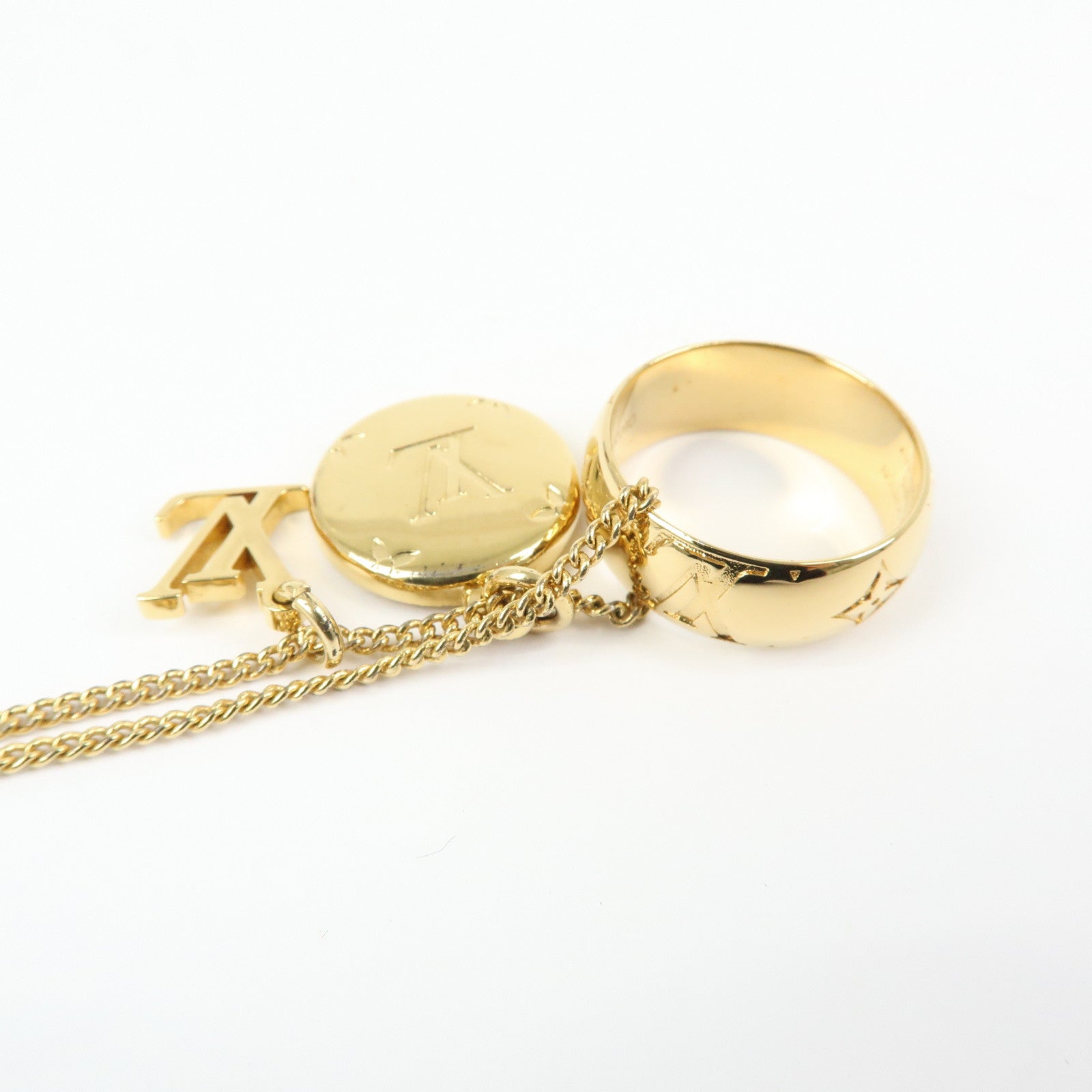 Louis Vuitton Metal Monogram Ring Necklace Gold M80189