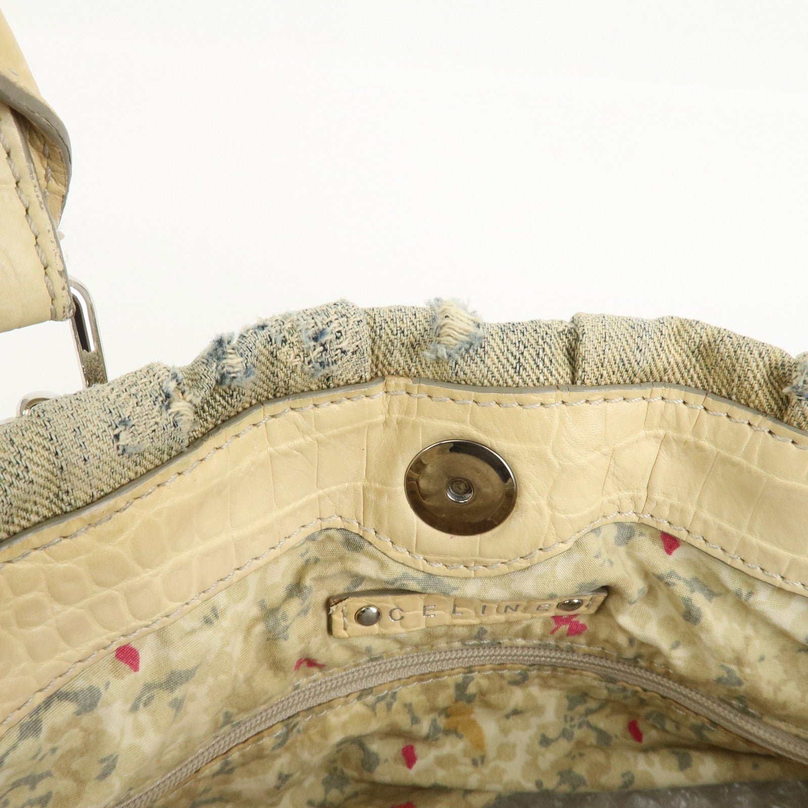 CELINE Macadam Denim Emboss Leather Tote Bag Hand Bag Blue Ivory