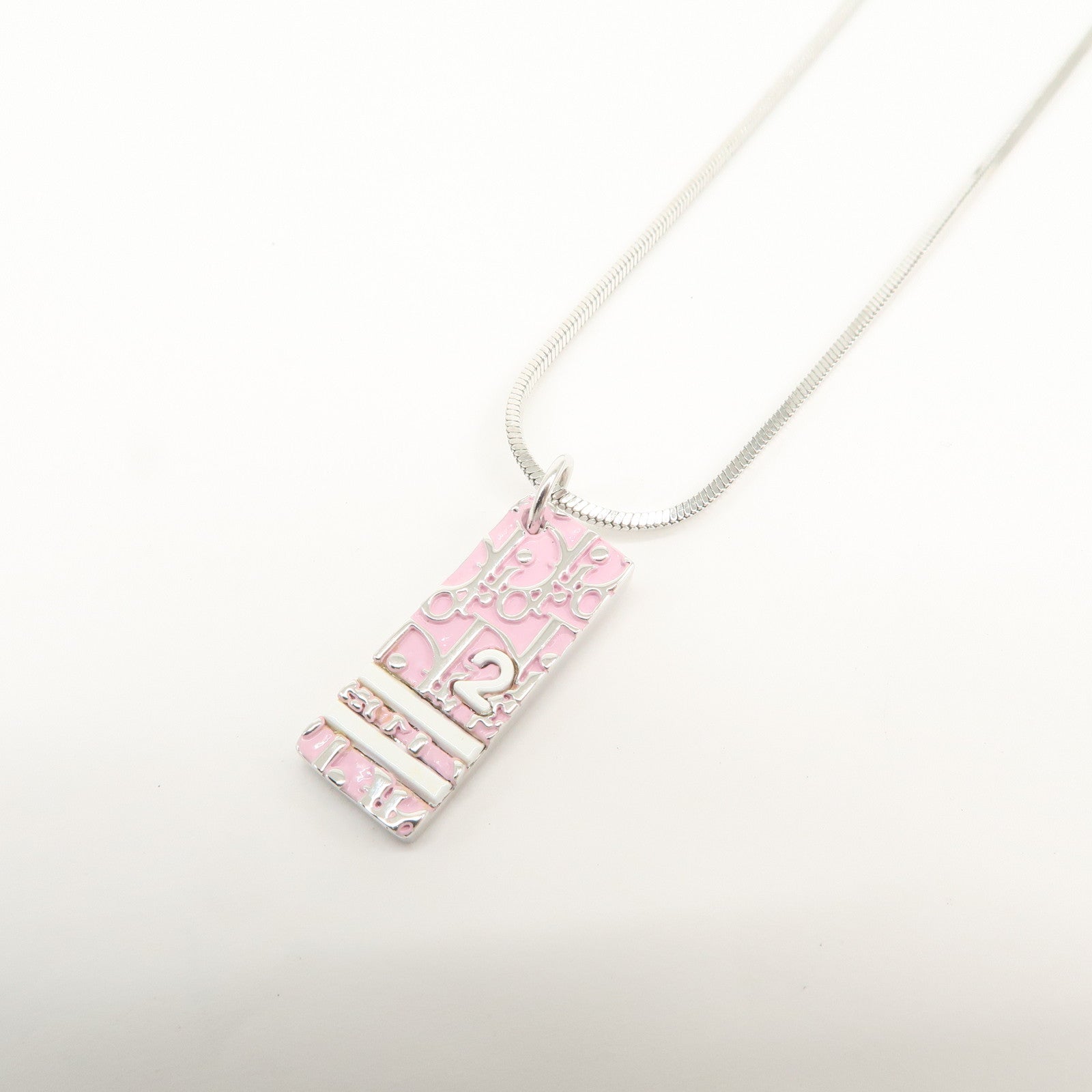 Christian Dior Trotter Logo Metal Necklace Pink Silver