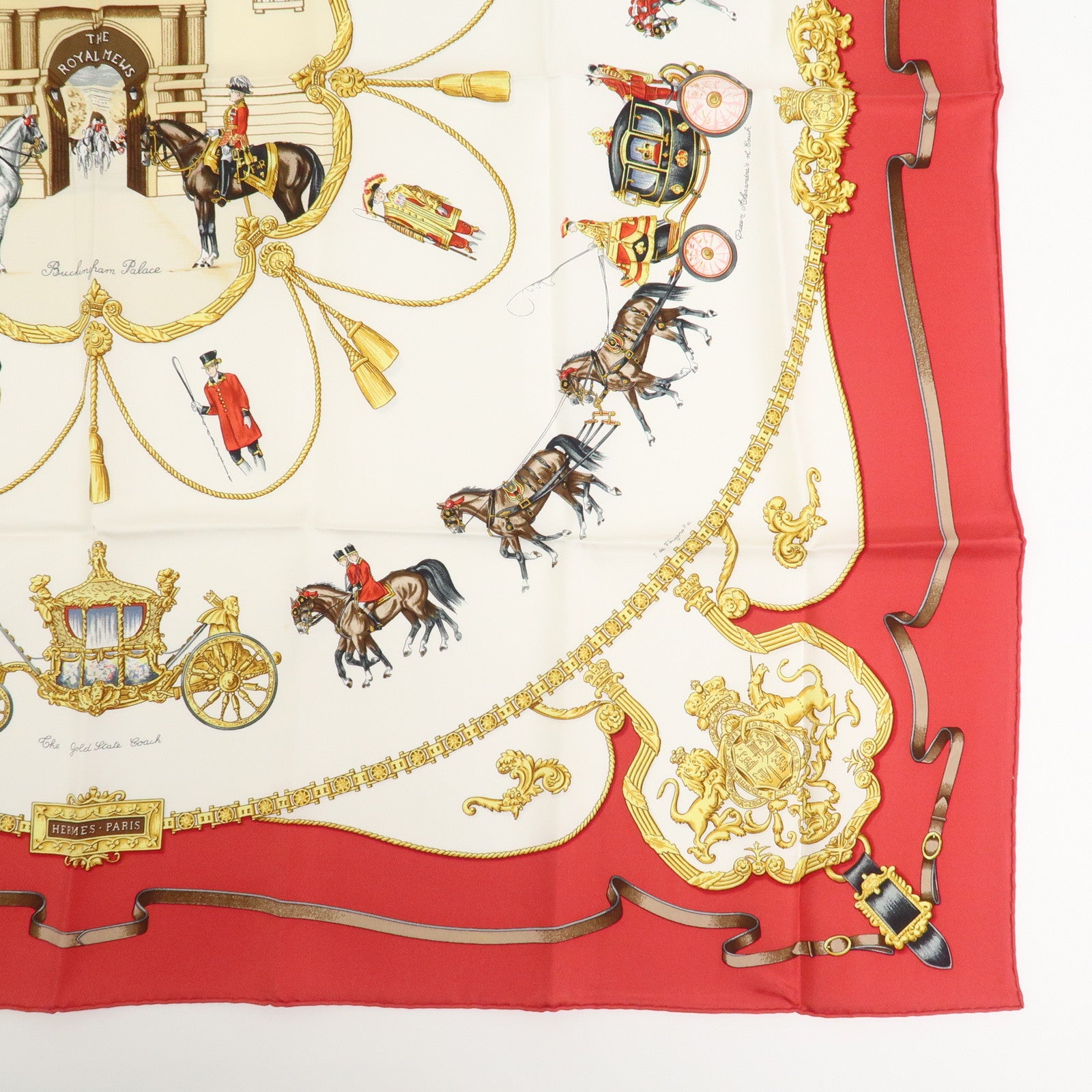 HERMES Carre 90 Silk 100% THE ROYAL MEWS Scarf Red White