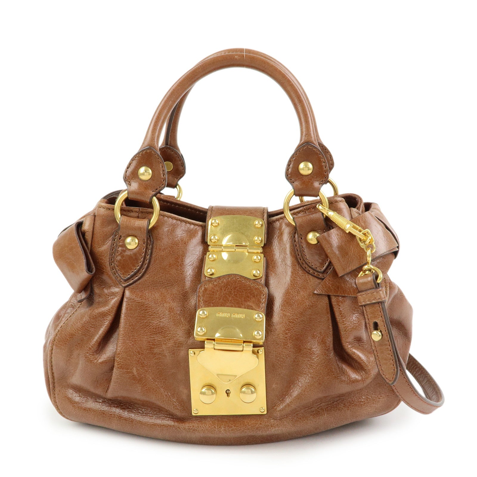 MIU MIU Leather 2Way Bag Hand Bag Shoulder Bag Side Ribbon Brown