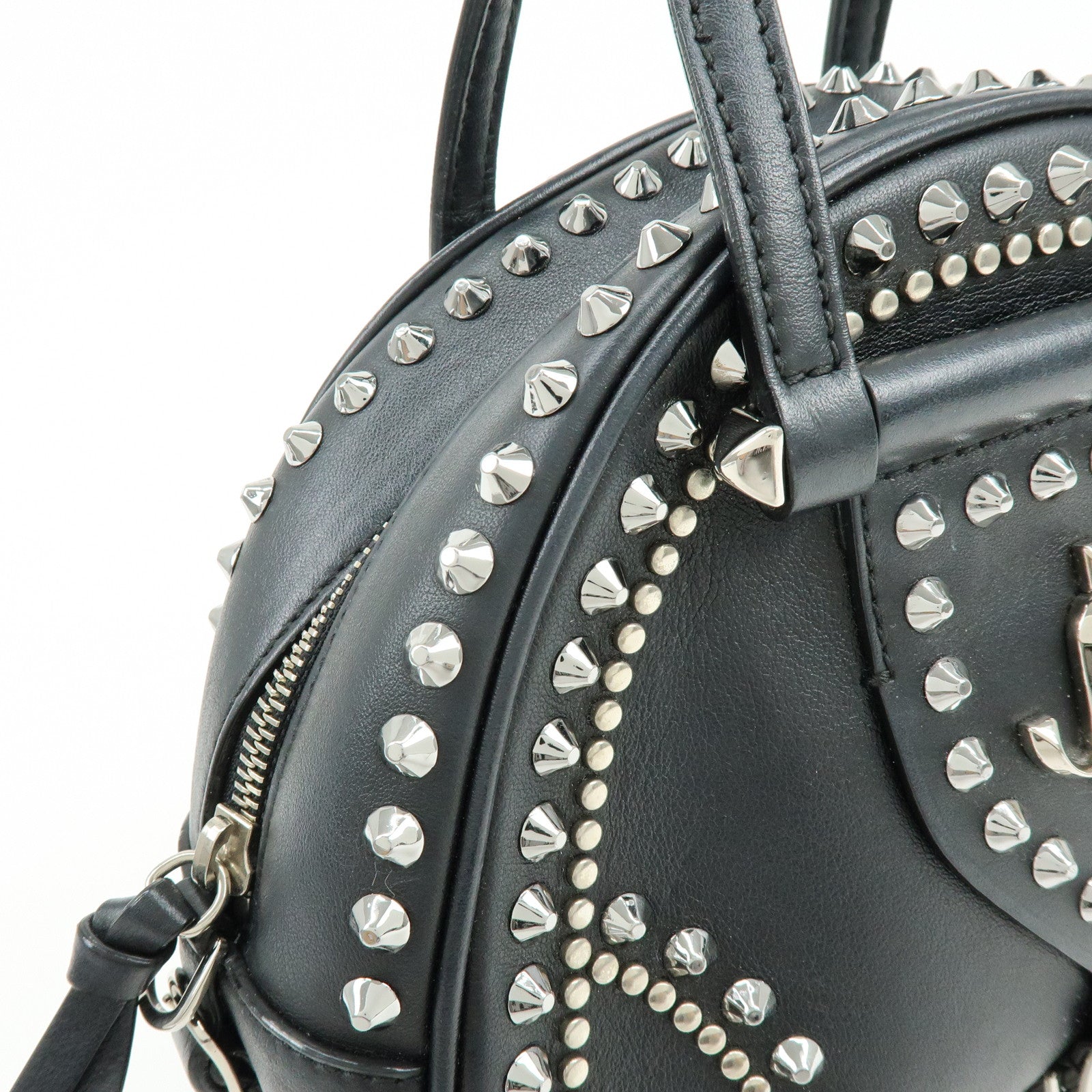 JIMMY CHOO Varenne Leather Bowling Bag Hand Bag Studs Black