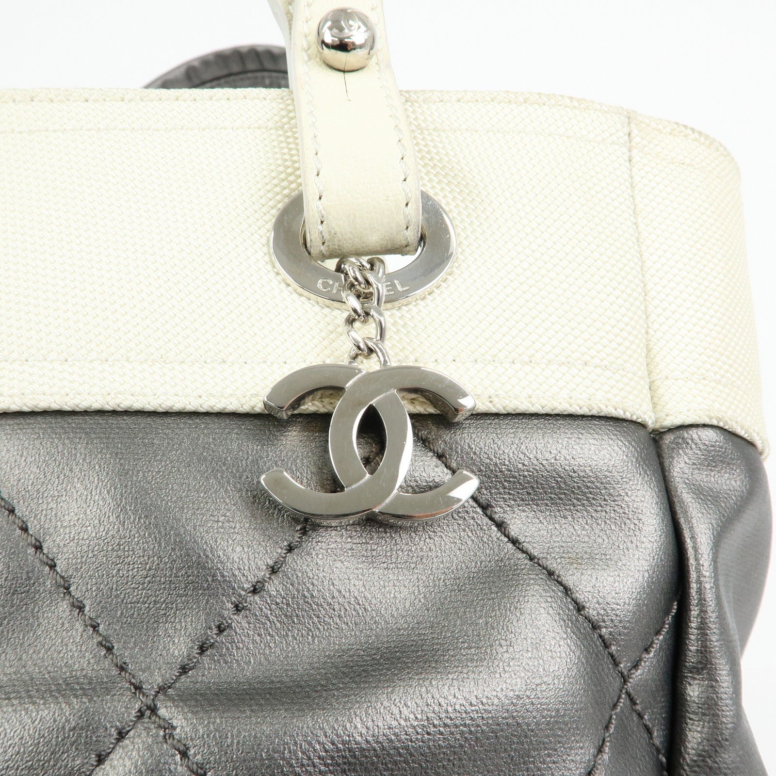 CHANEL Paris-Biarritz PVC Canvas Leather Tote Bag Gray Ivory A34208