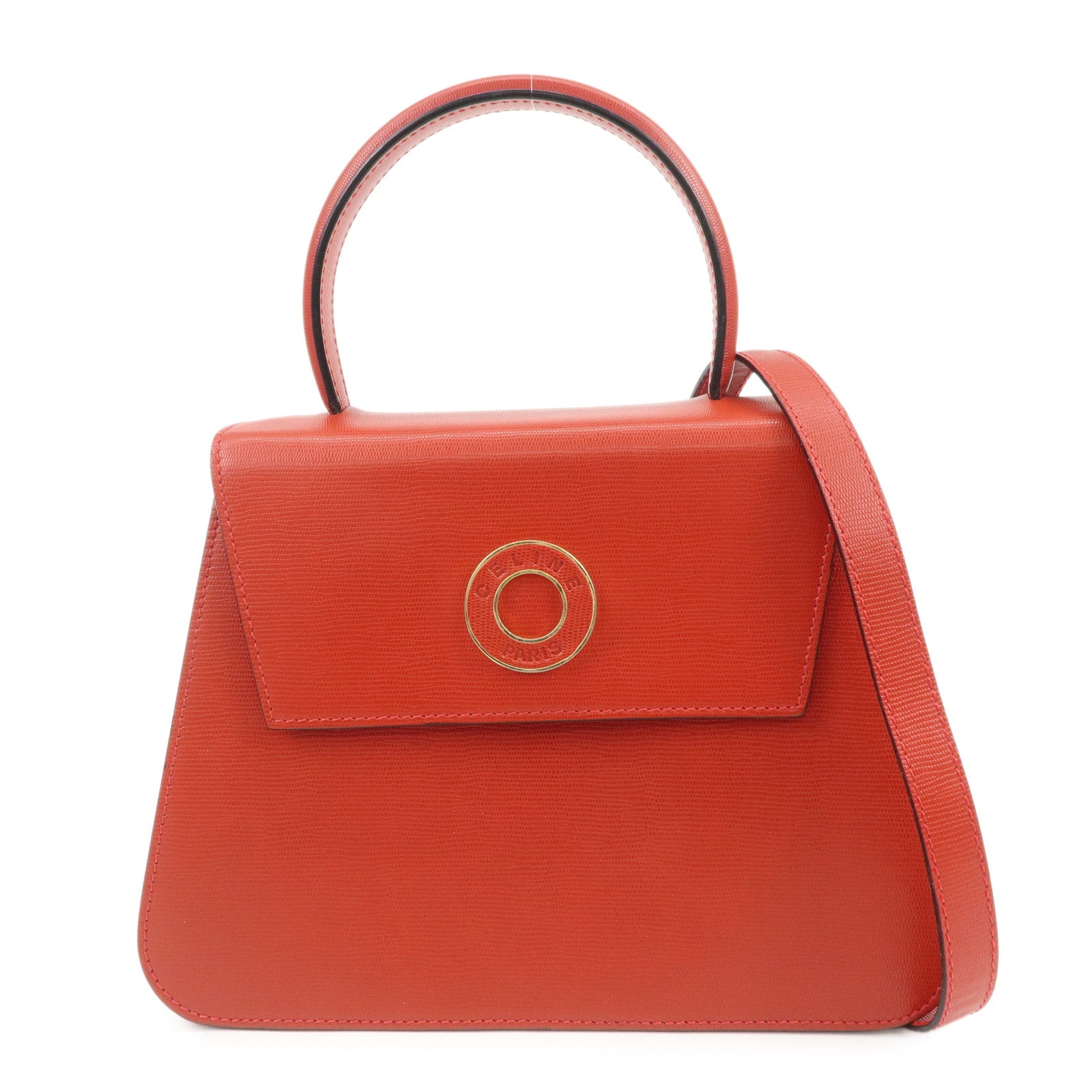 CELINE Logo Leather 2Way Bag Hand Bag Shoulder Bag Red Gold