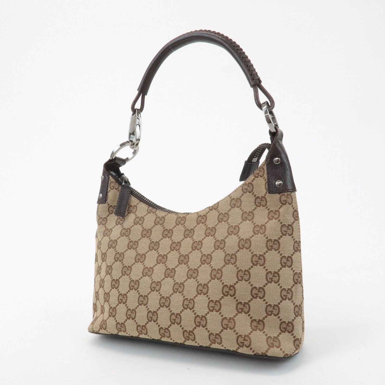 GUCCI GG Canvas Leather Shoulder Bag Hand Bag Beige Dark Brown 115002 Used