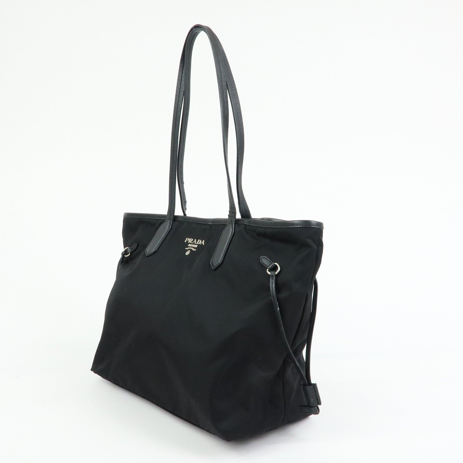 PRADA Logo Nylon Leather Tote Bag Shoulder Bag Hand Bag Black