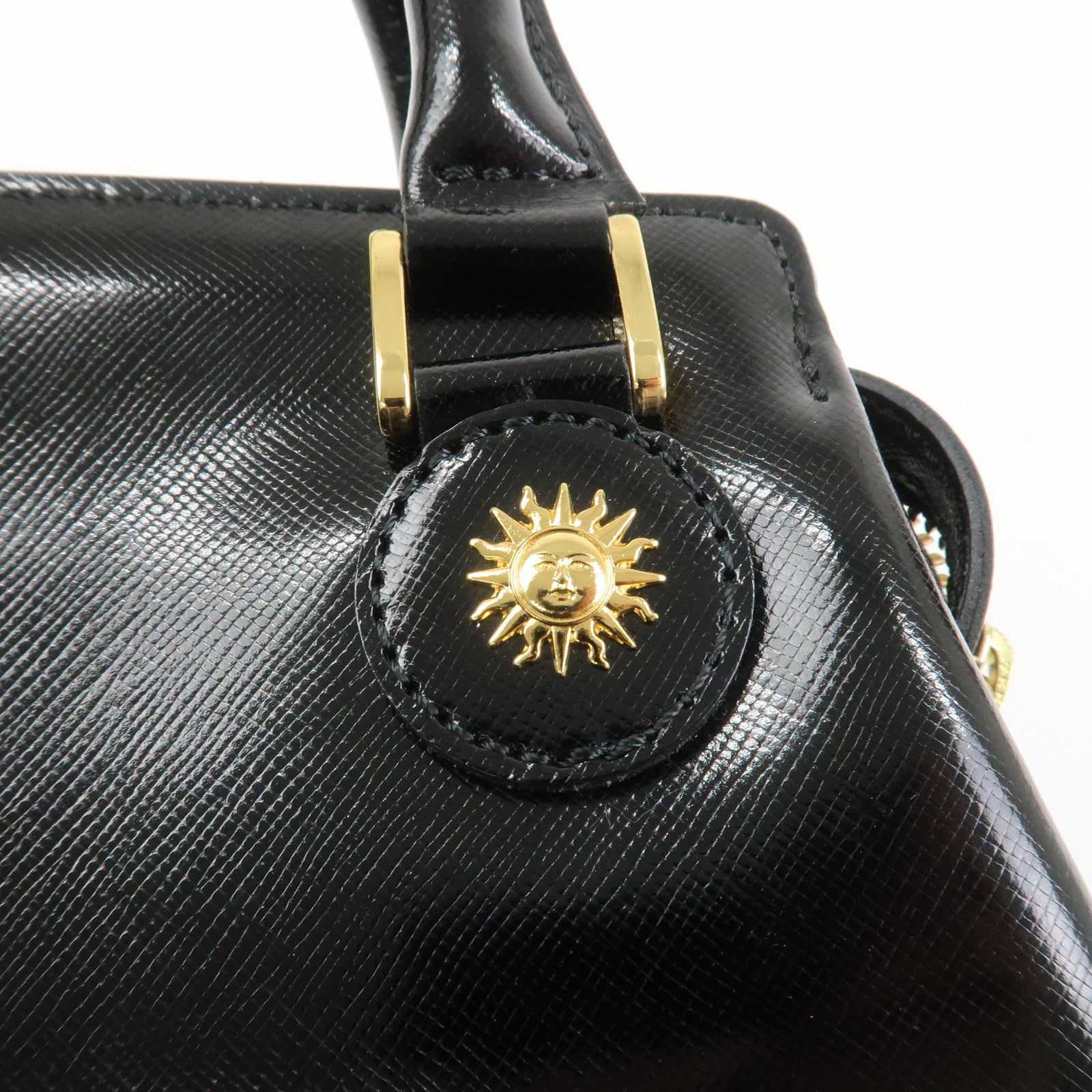 VERSACE Leather 2Way Hand Bag Shoulder Bag Black Gold
