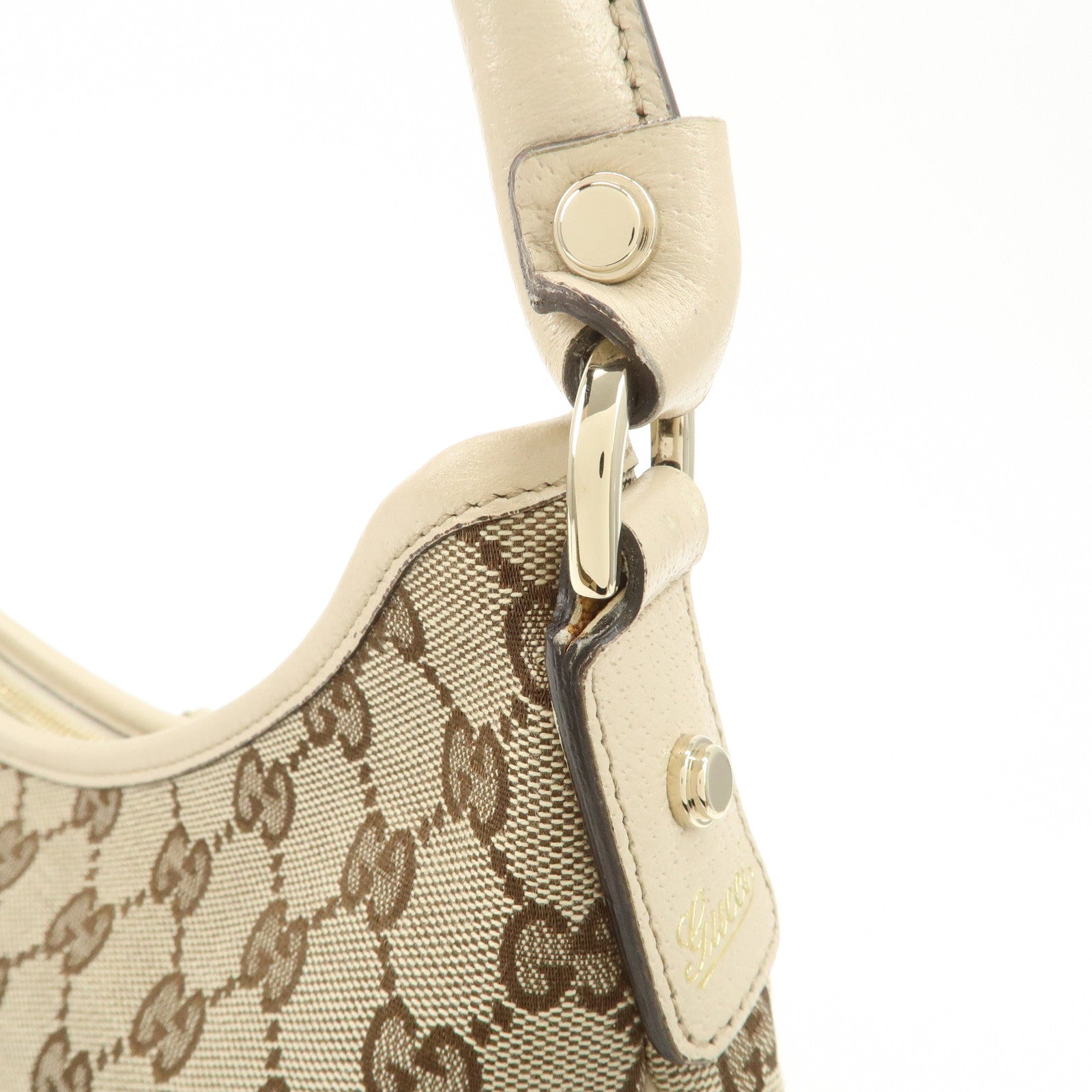 GUCCI Abbey Leather GG Canvas Shoulder Bag Beige Ivory 130737