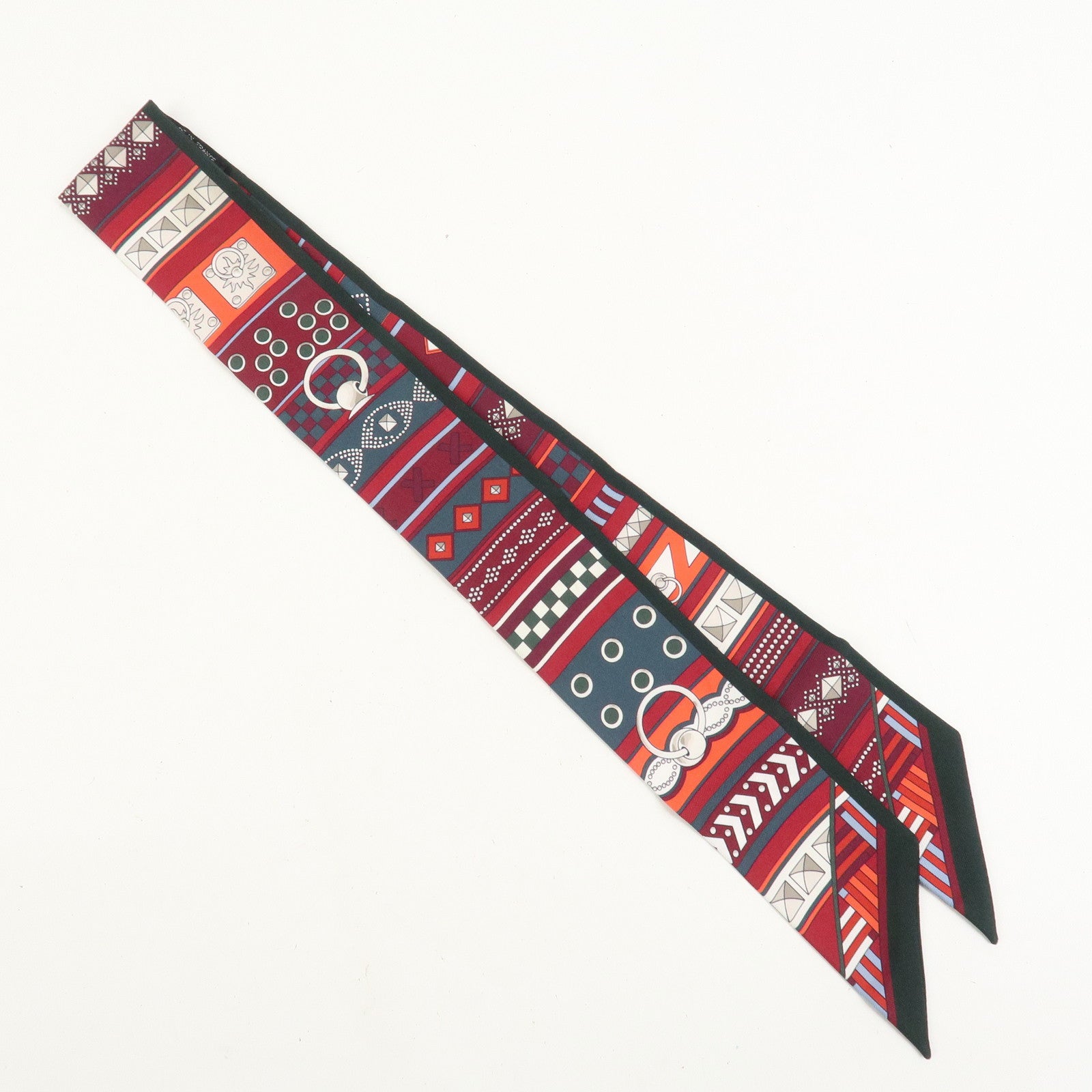 HERMES Twilly Silk 100% Scarf COLLIERS DE CHIENS REMIX Green Red