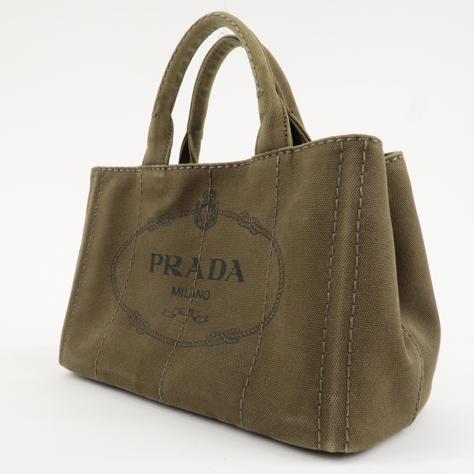 PRADA Logo Canapa Mini Canvas Tote Bag Hand Bag Khaki BN2439 Used