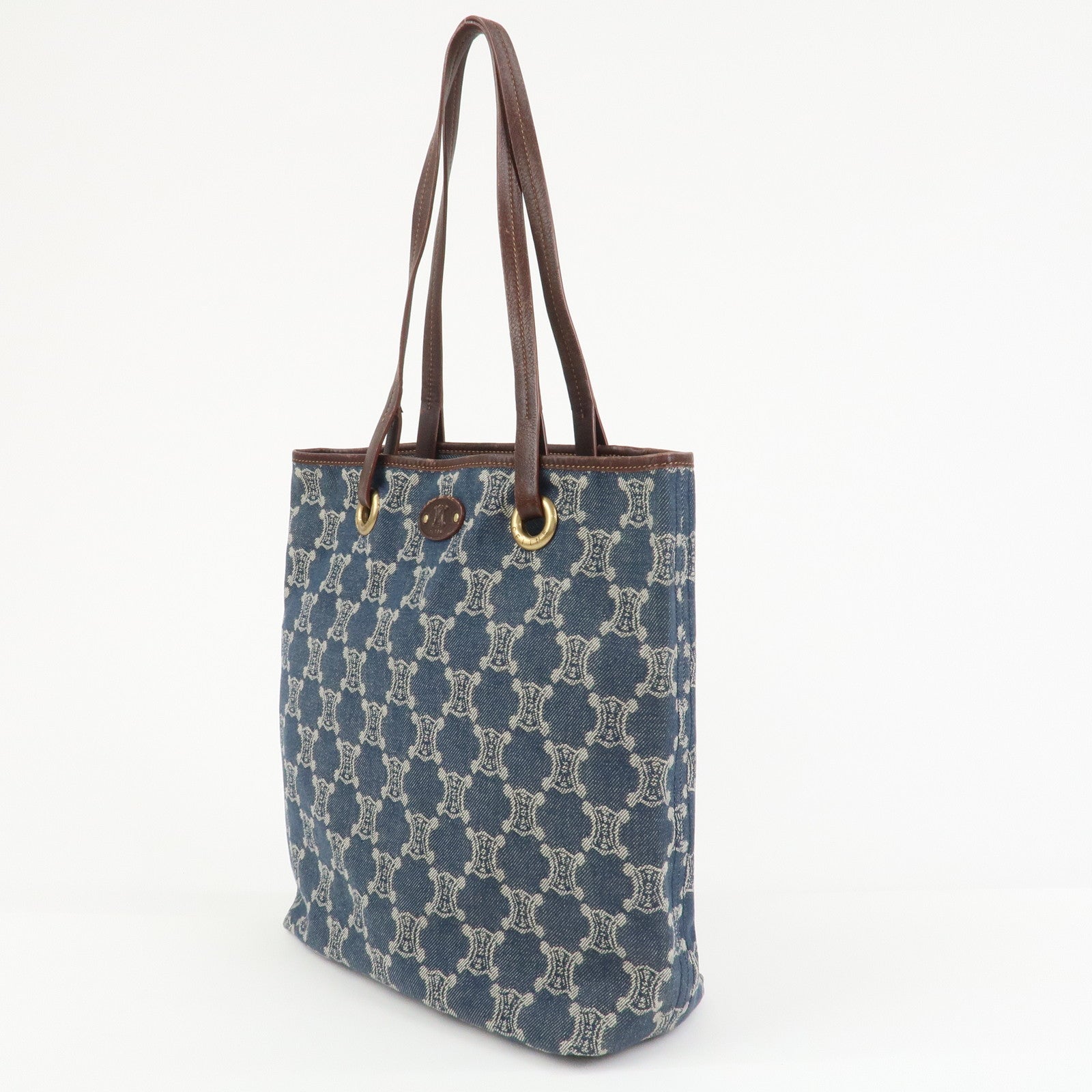 CELINE Macadam Denim Leather Tote Bag Shoulder Bag Blue Brown