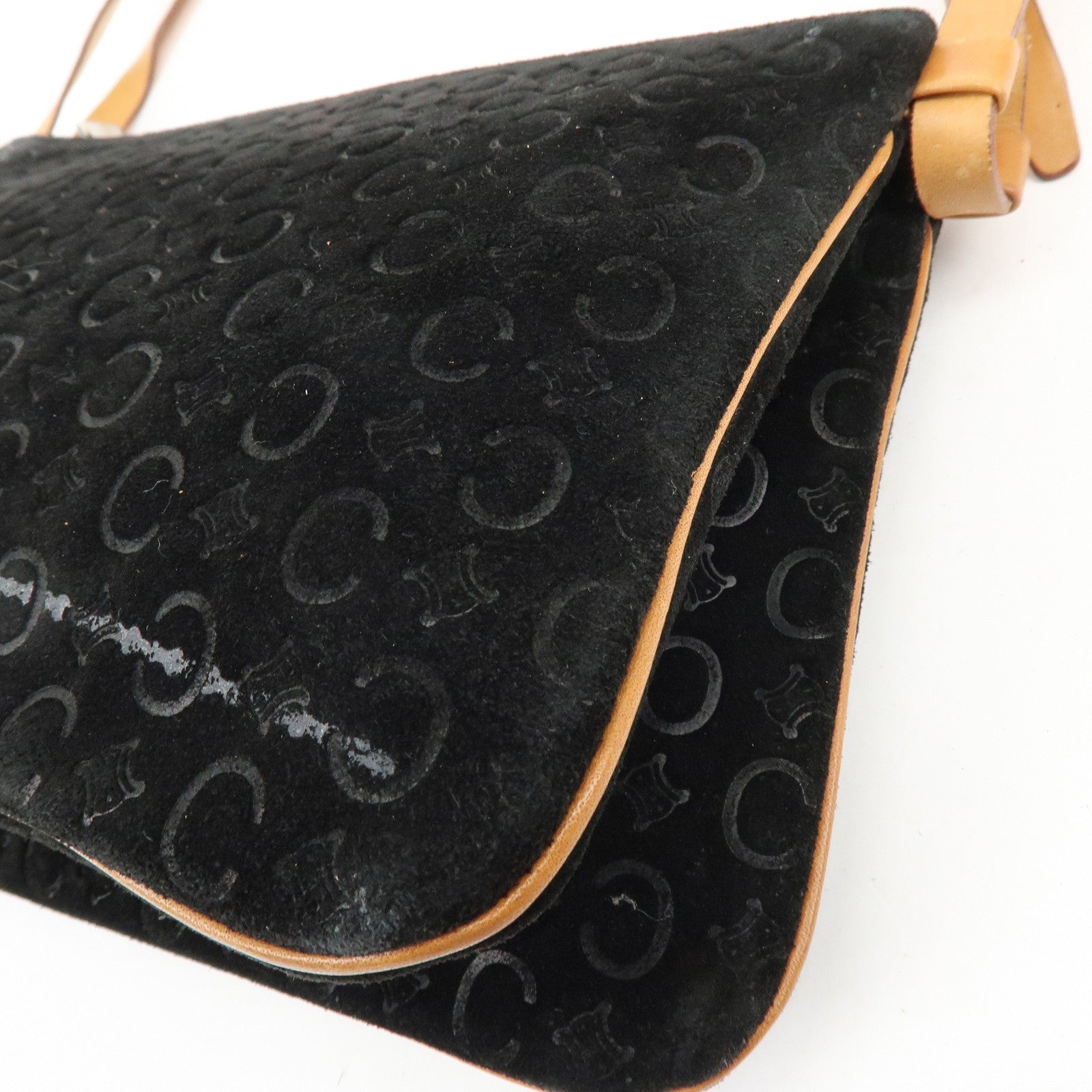 CELINE C Macadam Suede Leather Shoulder Bag Hand Bag Black Brown