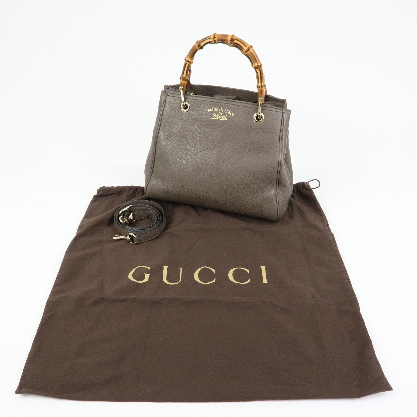 GUCCI Bamboo Leather Shopper Small 2Way Bag Greige 336032
