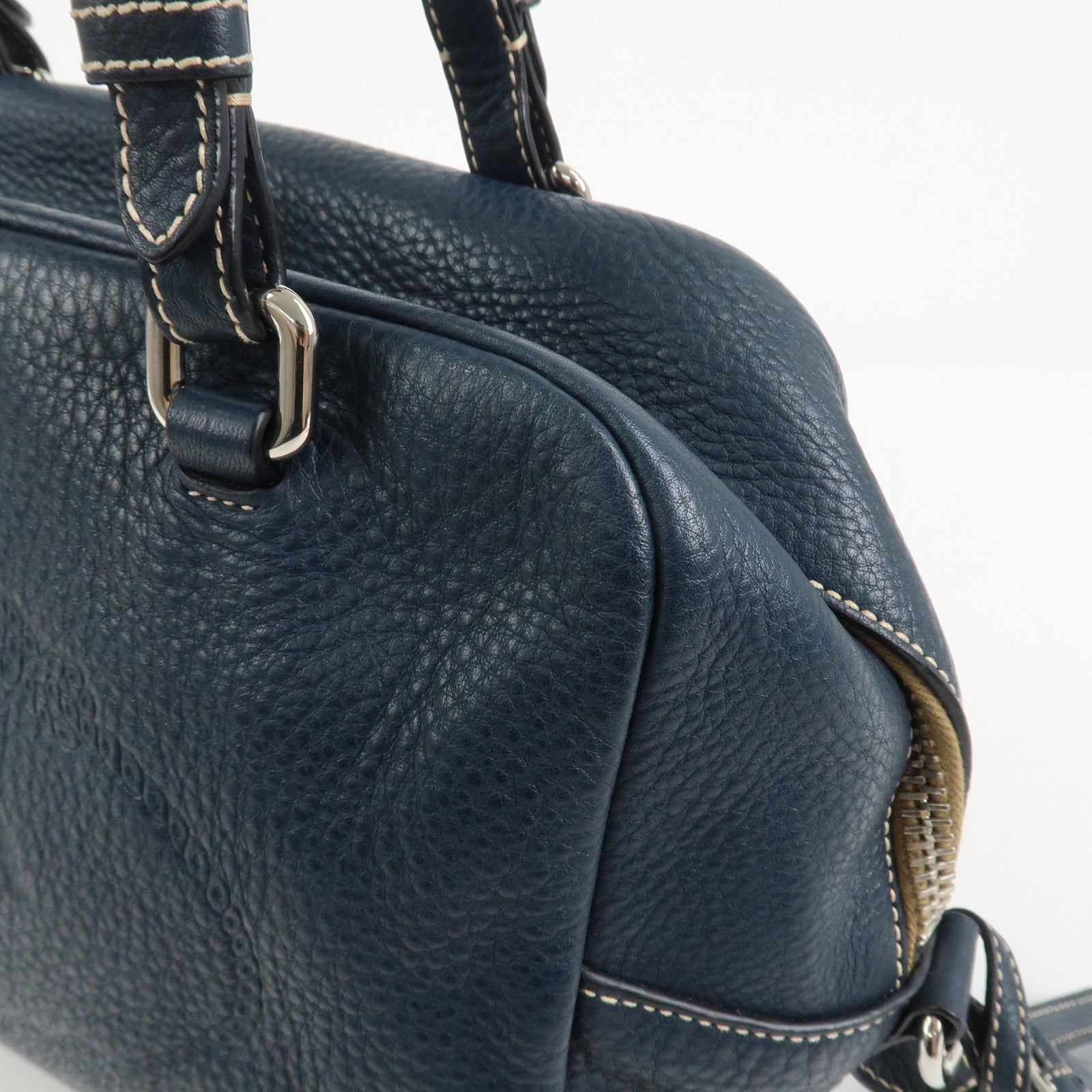 PRADA Logo Leather Boston Bag Hand Bag Navy BR3091