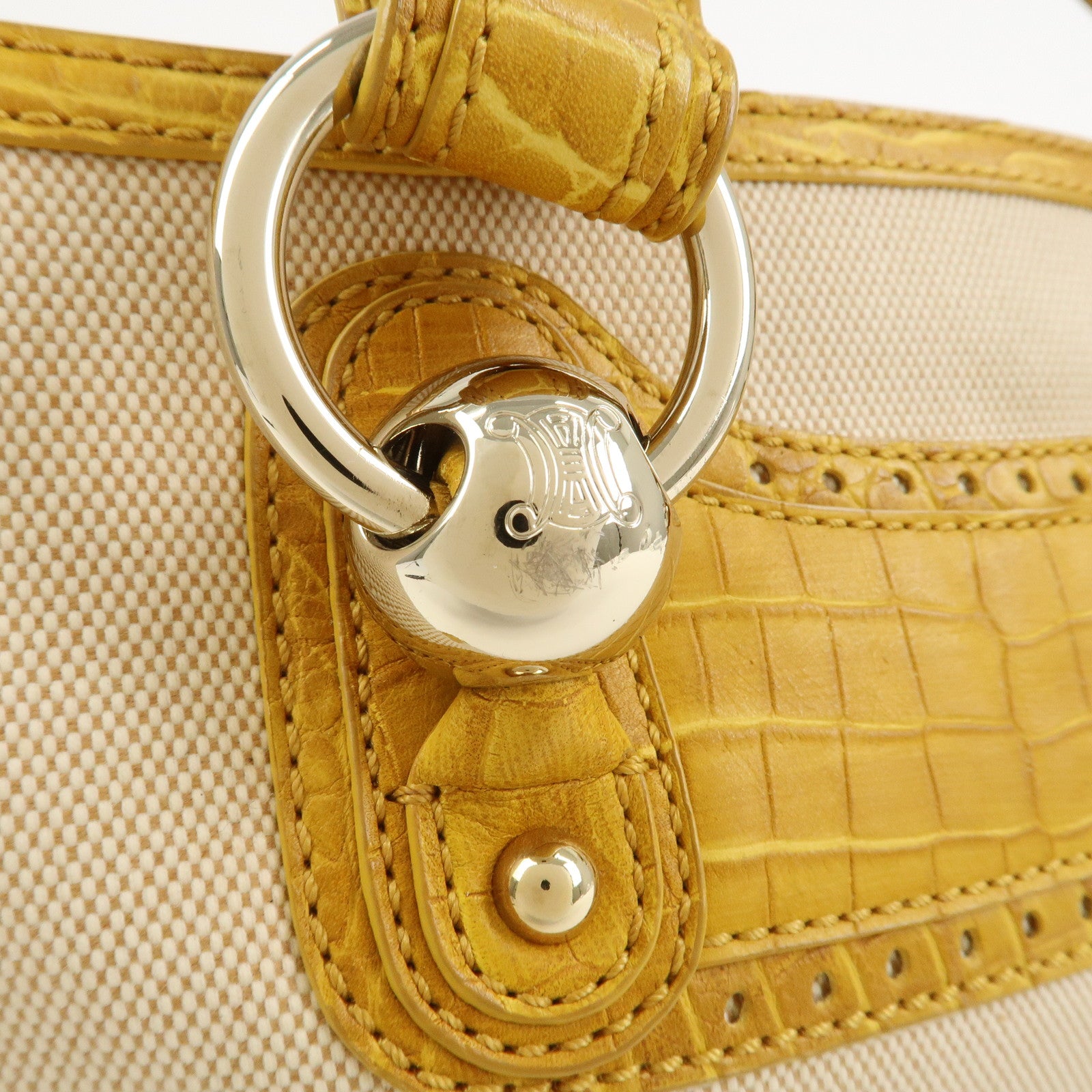 CELINE Boogie Bag Canvas Embossed Leather Hand Bag Natural Yellow