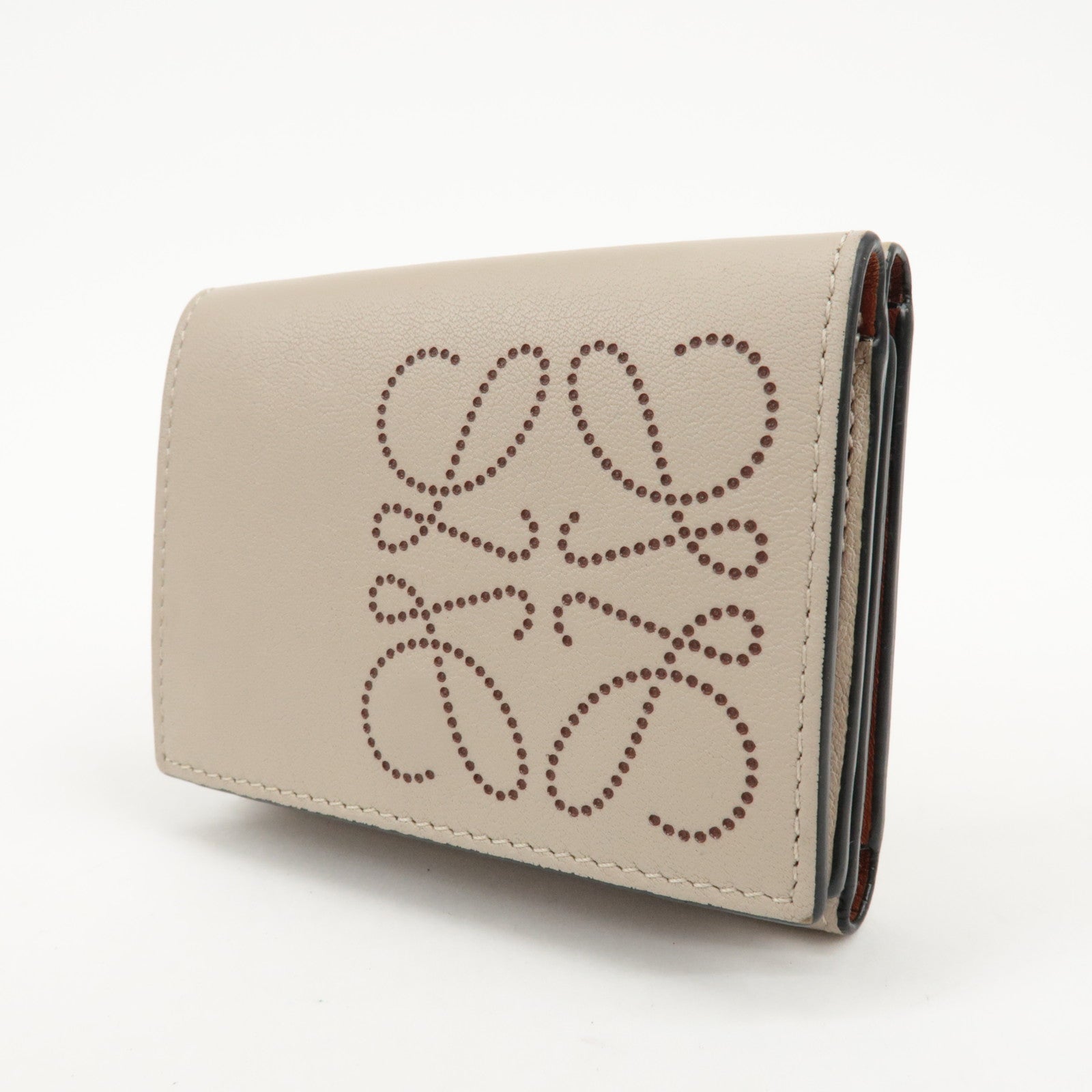 LOEWE Anagram Leather Tri-fold Compact Wallet Beige C500TR2X01 Used