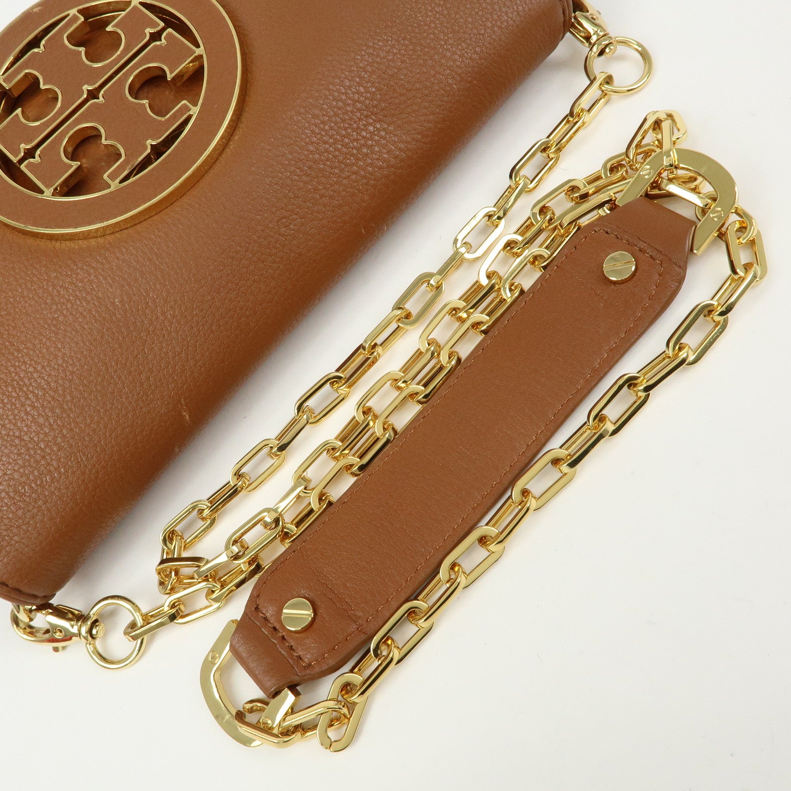 TORY BURCH Leather Flap Shoulder Bag Crossbody Bag Clutch Brown