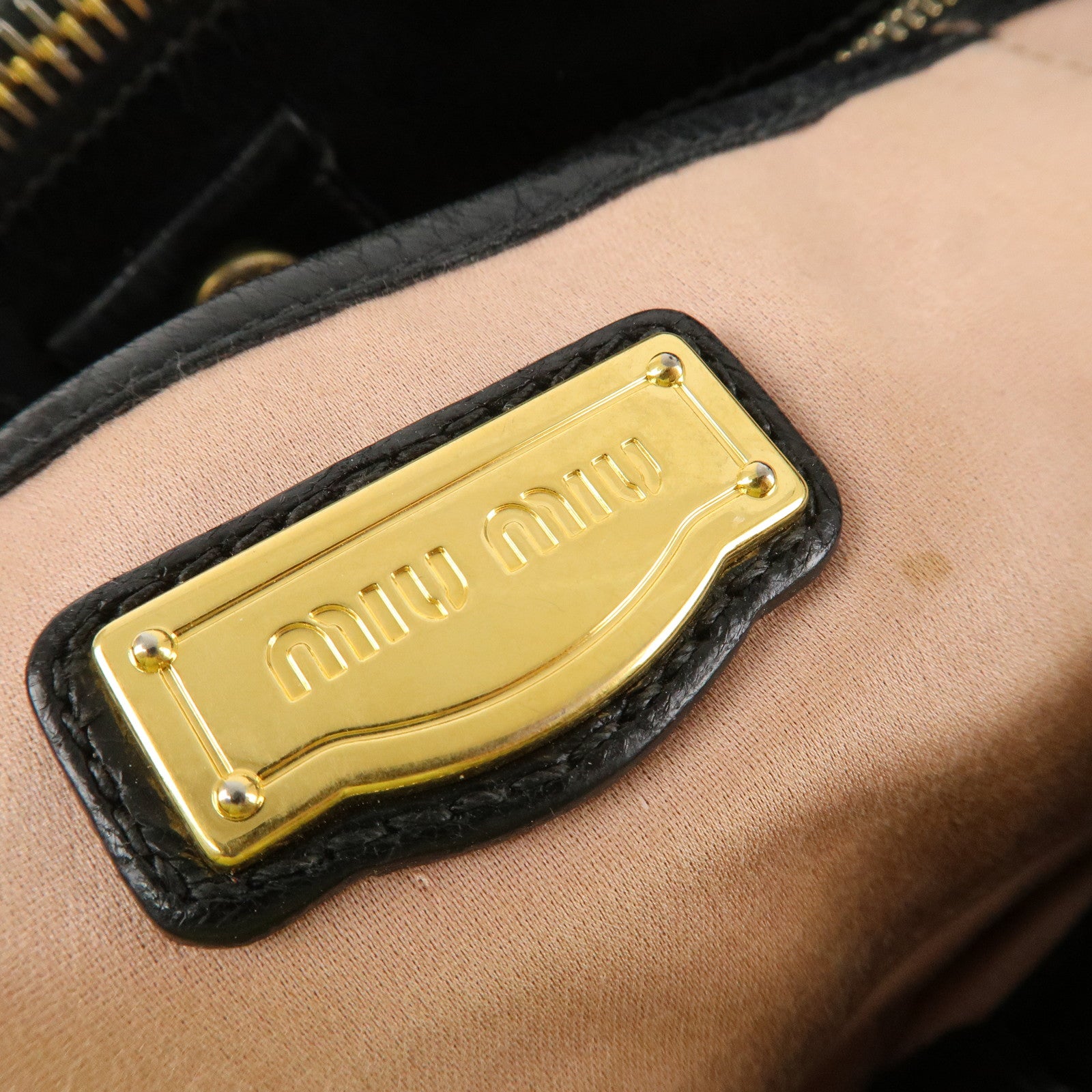 MIUMIU Logo Leather 2 Way Shoulder Bag Hand Bag Gold HDW Black Used