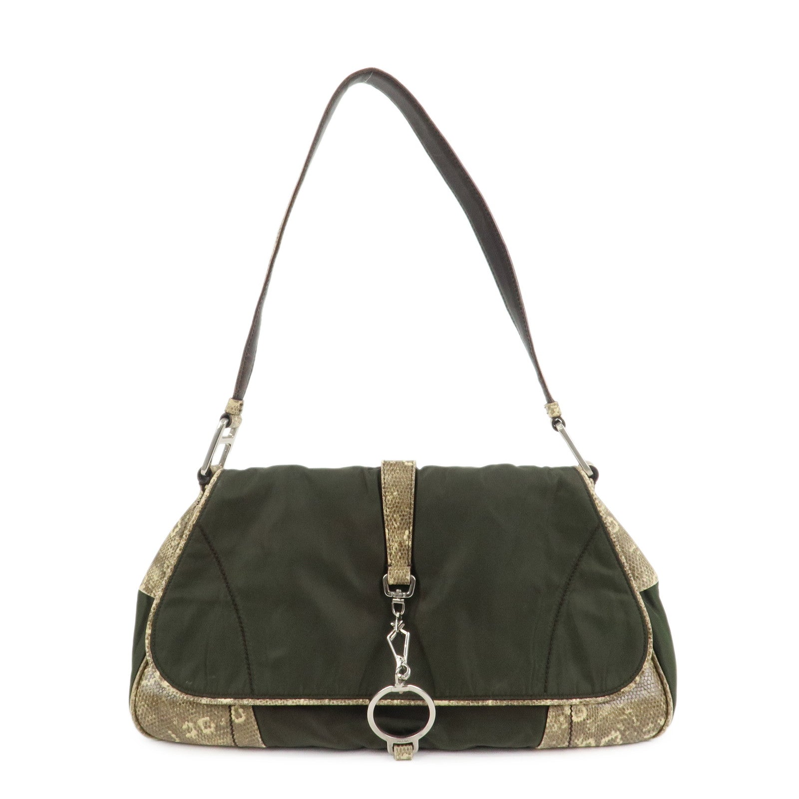 PRADA Triangle Logo Nylon Shoulder Bag Hand Bag Khaki B10738