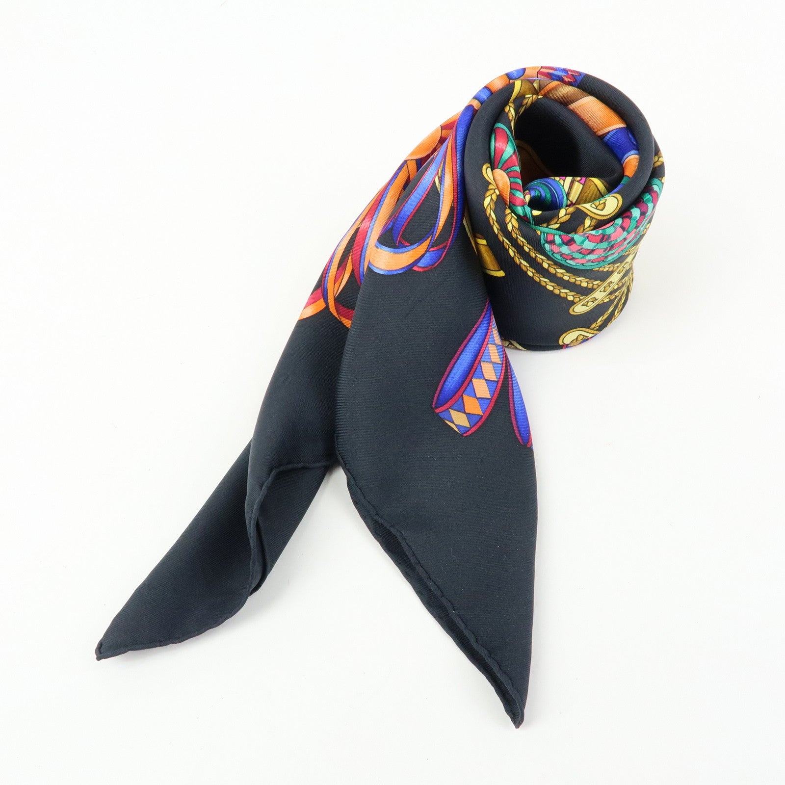 HERMES Carre 90 Silk 100% Scarf LES RUBANS DU CHEVAL Black