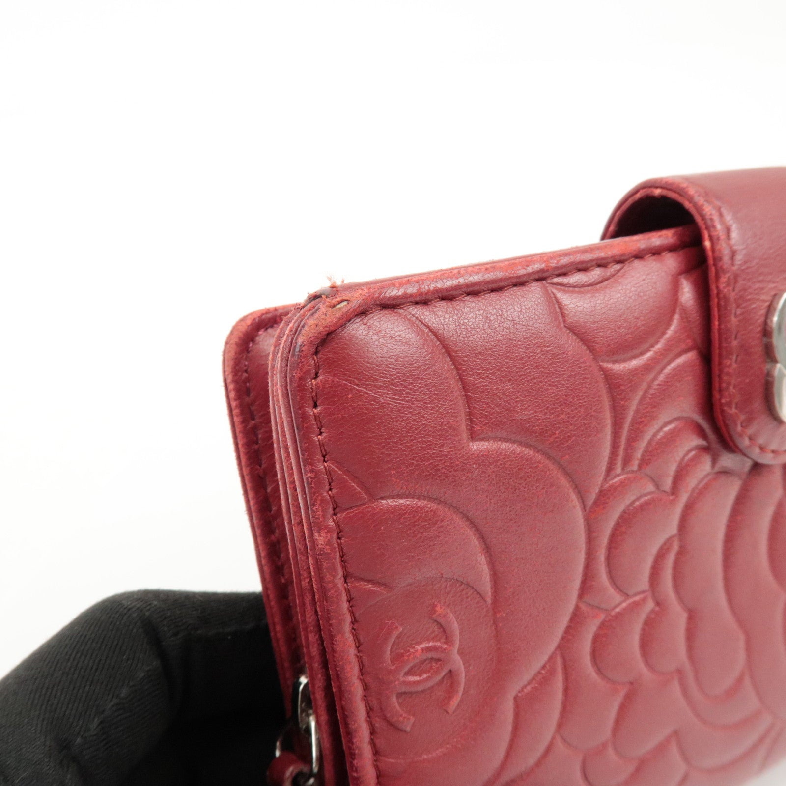 CHANEL COCO Mark Camelia Leather Bi-fold Wallet Red A50087 Used