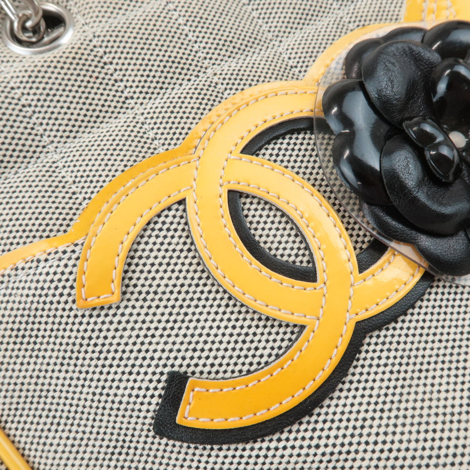 CHANEL COCO Mark No.5 Camellia Canvas Leather Patent Hand Bag A31573 Used