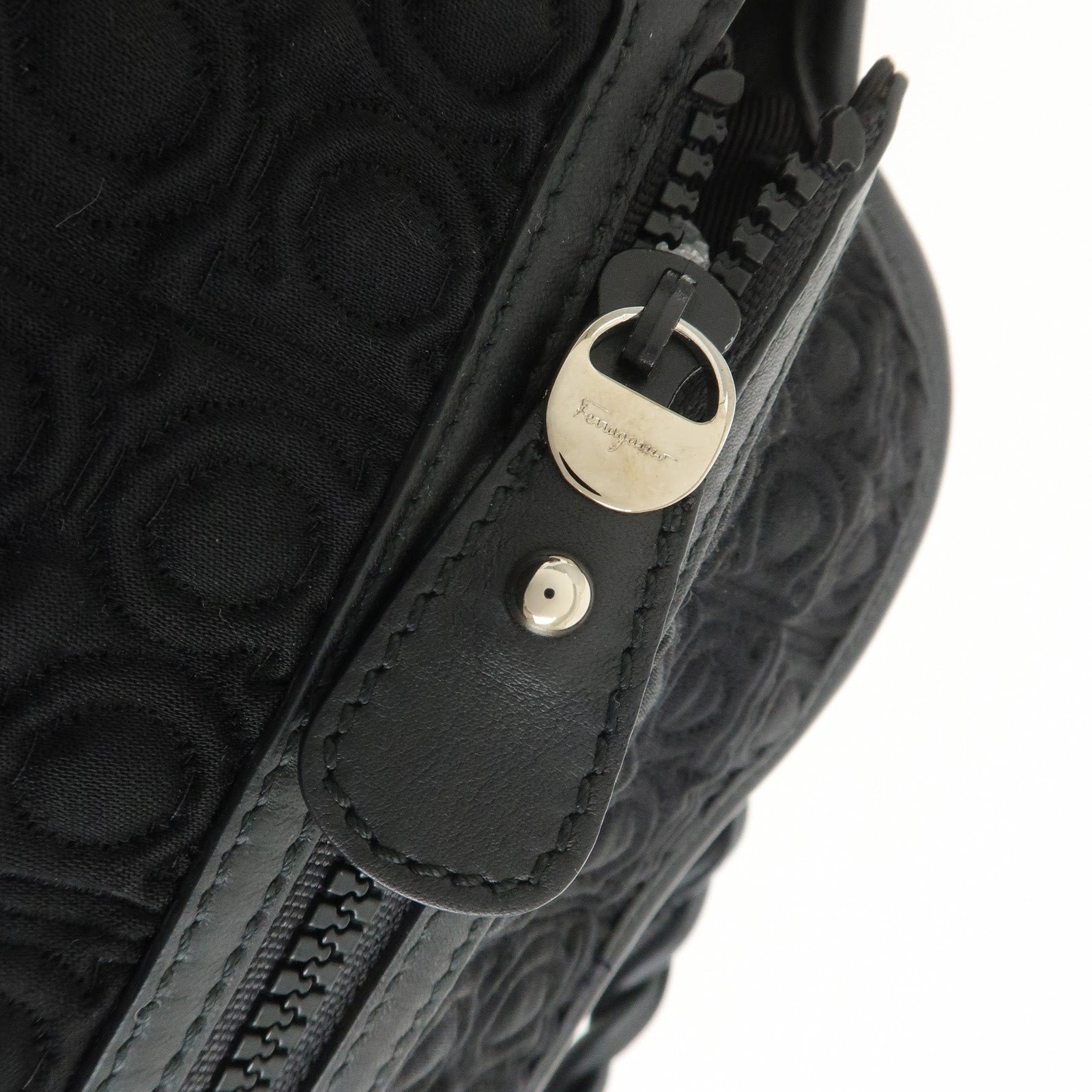 Ferragamo Gancini Canvas Leather Hand Bag Black Silver