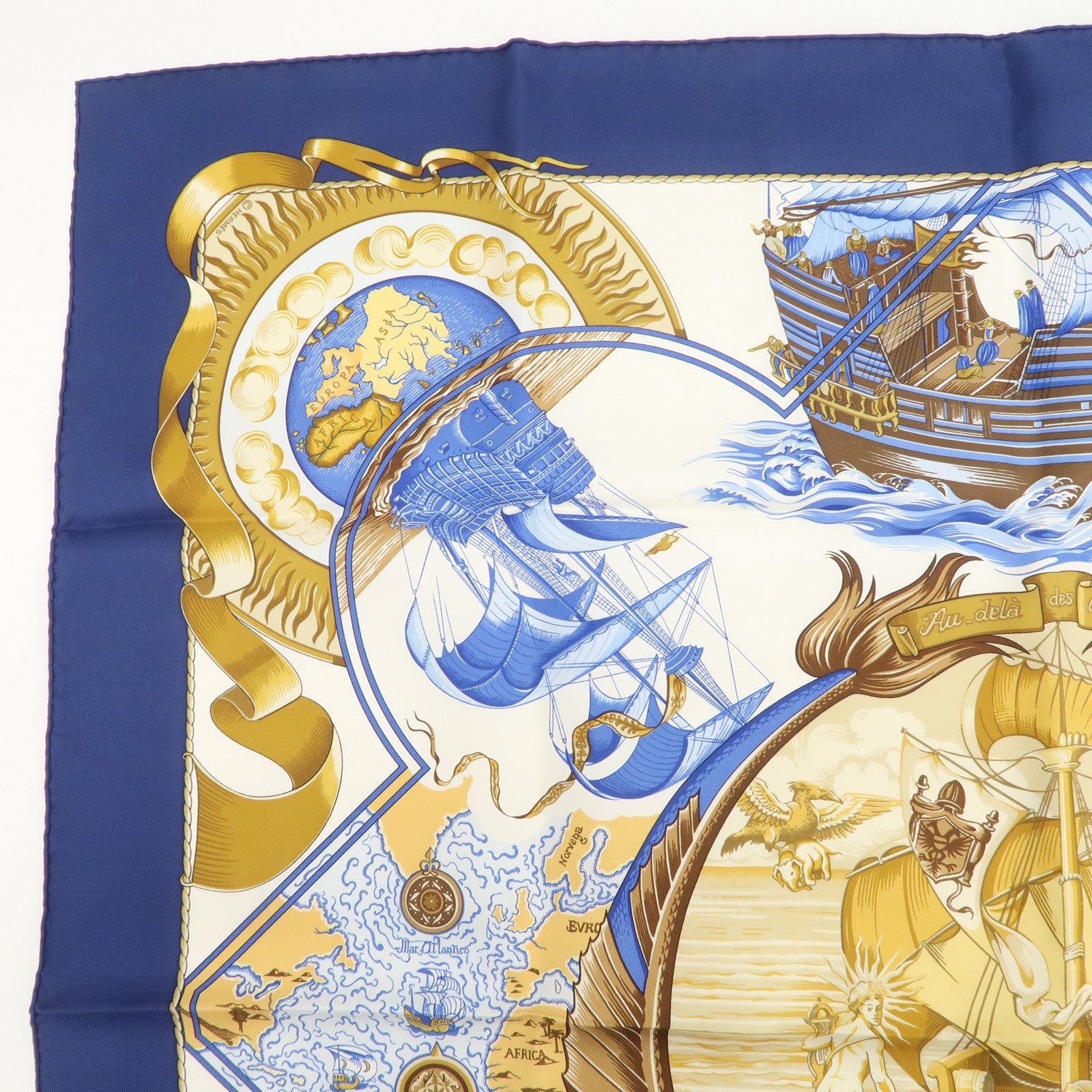 HERMES Carre 90 Silk 100% Scarf Au-dela des cinq mers Navy White