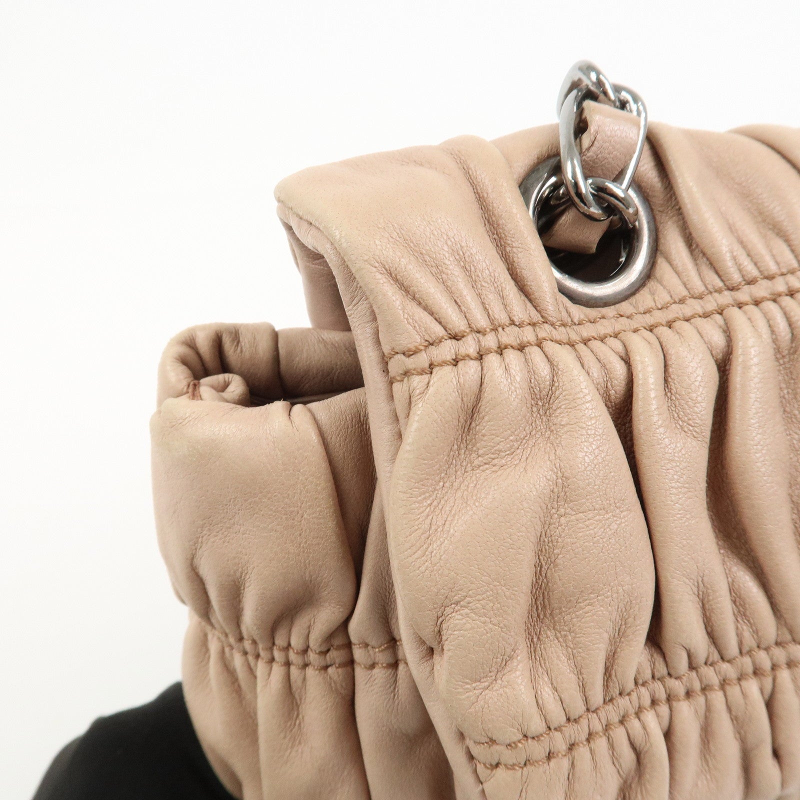 PRADA Leather Gathered Chain Shoulder Bag Pink Beige B4695C
