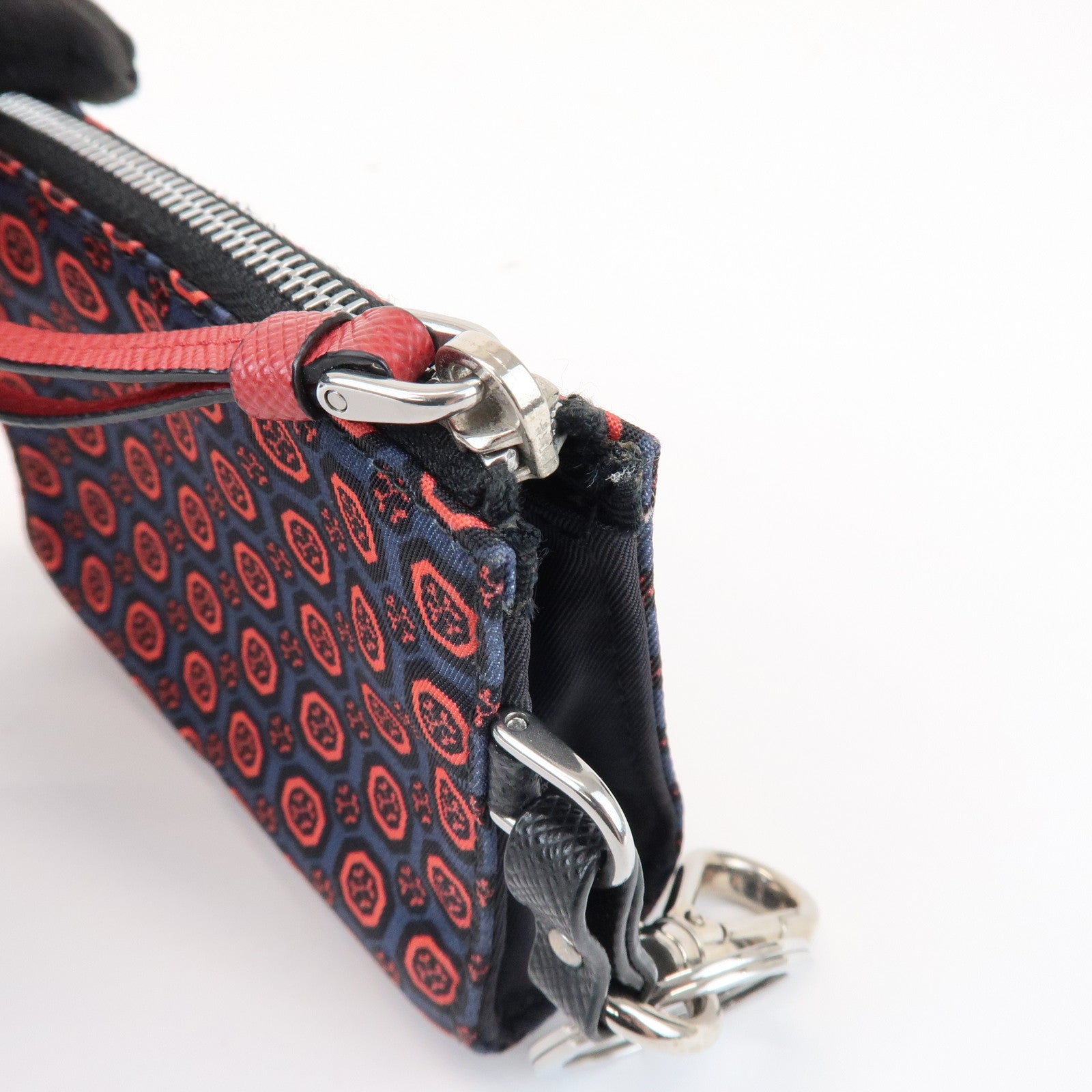 PRADA Triangle Logo Mini Pouch Key Ring Coin Case Navy Red 2TT072