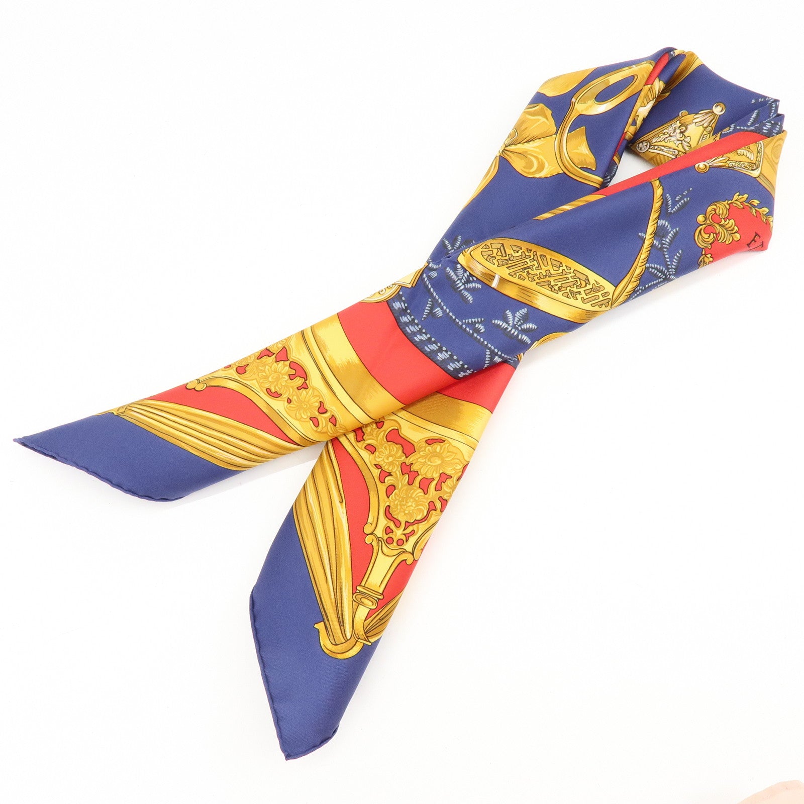 HERMES Carre 90 Silk 100% Scarf ETRIERS Gold Red Navy