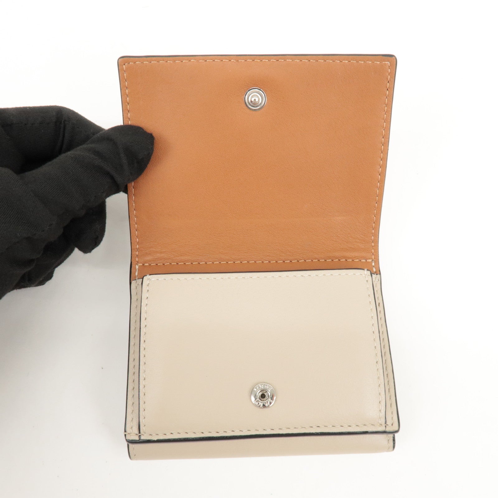 LOEWE Anagram Leather Tri-fold Compact Wallet Beige C500TR2X01 Used