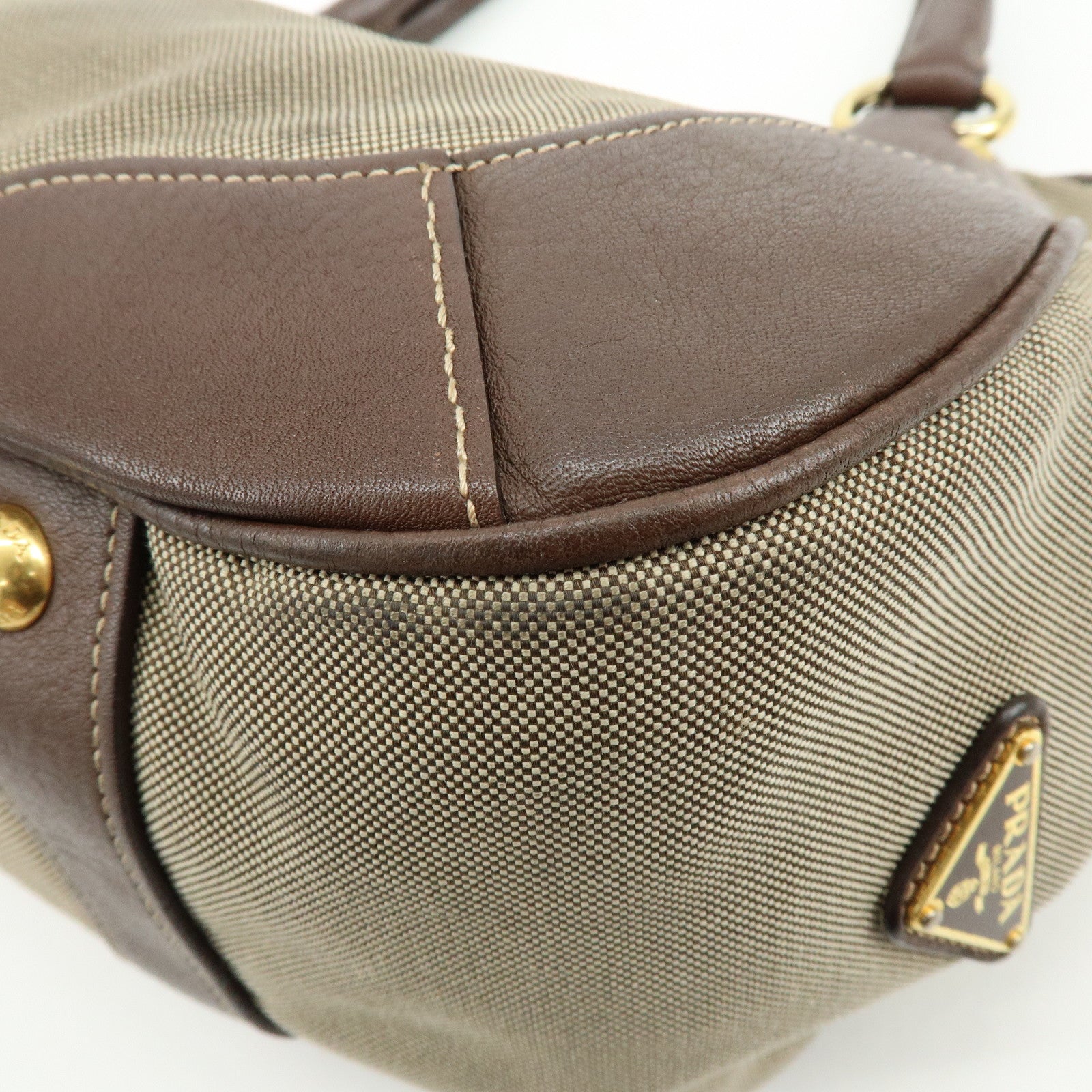 PRADA Logo Jacquard Leather Tote Bag Hand Bag Beige Brown