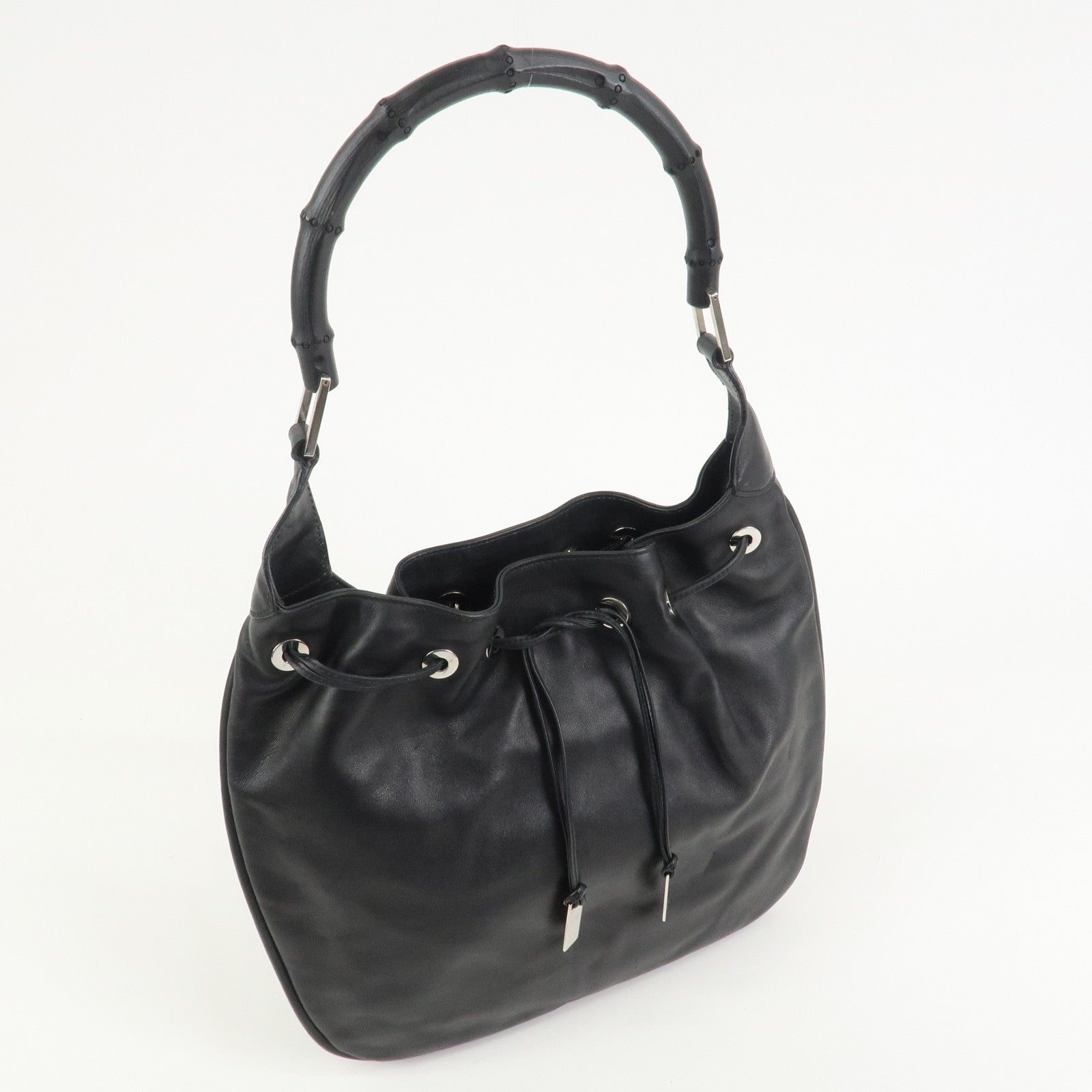 GUCCI Bamboo Leather Shoulder Bag Hand Bag Black 001・4033
