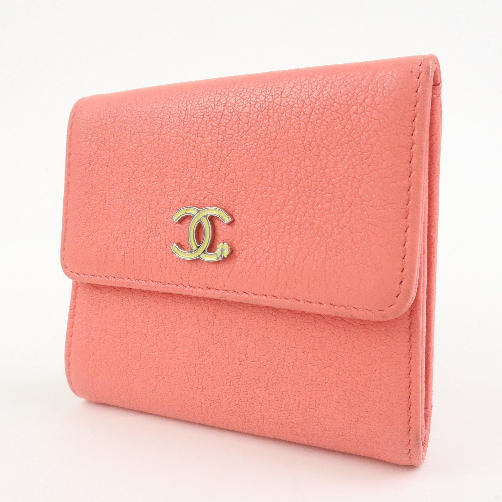 CHANEL COCO Mark Calf Leather Compact Wallet Clover Motif Pink