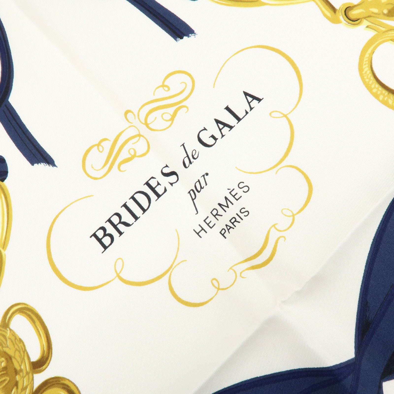 HERMES Carre 90 Silk 100% Scarf BRIDES DE GALA Navy Gold