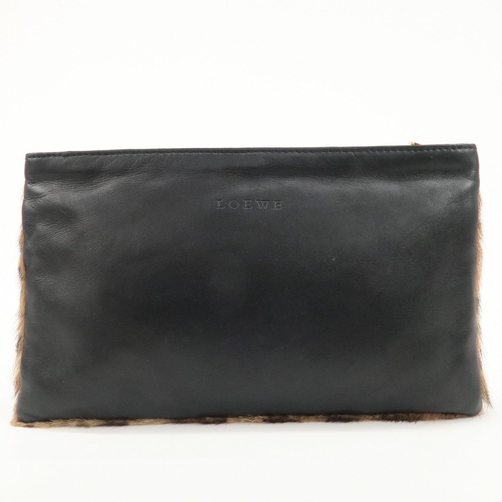 LOEWE Pony Hair Leather Pouch Leopard Brown Black Gold HDW Used