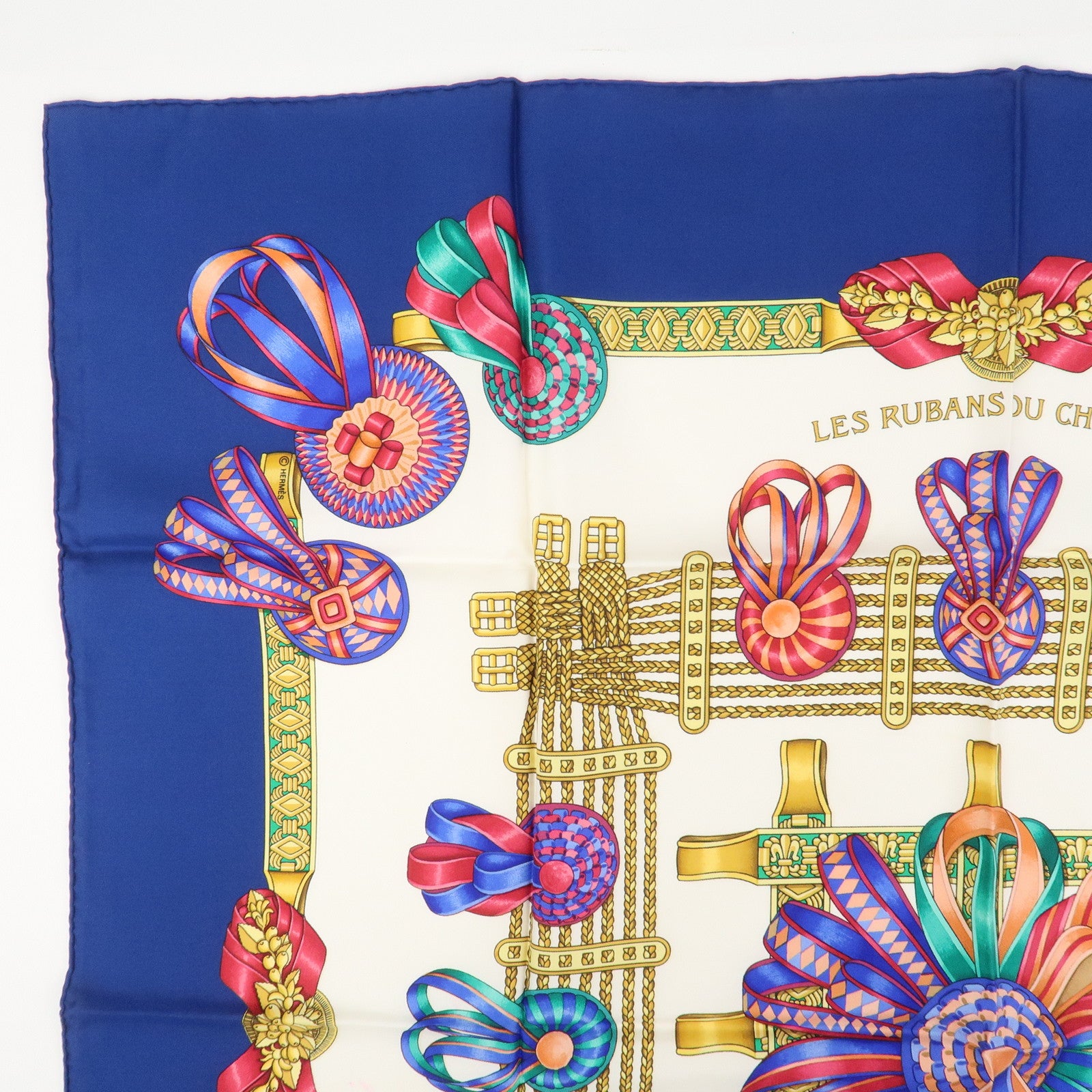 HERMES Carre 90 Silk 100% Scarf LES RUBANS DU CHEVAL Blue White