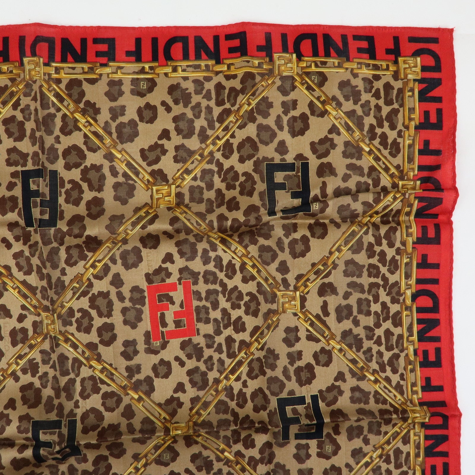 FENDI Cotton Scarf 57x57 Leopard Chain Motif Brown Red