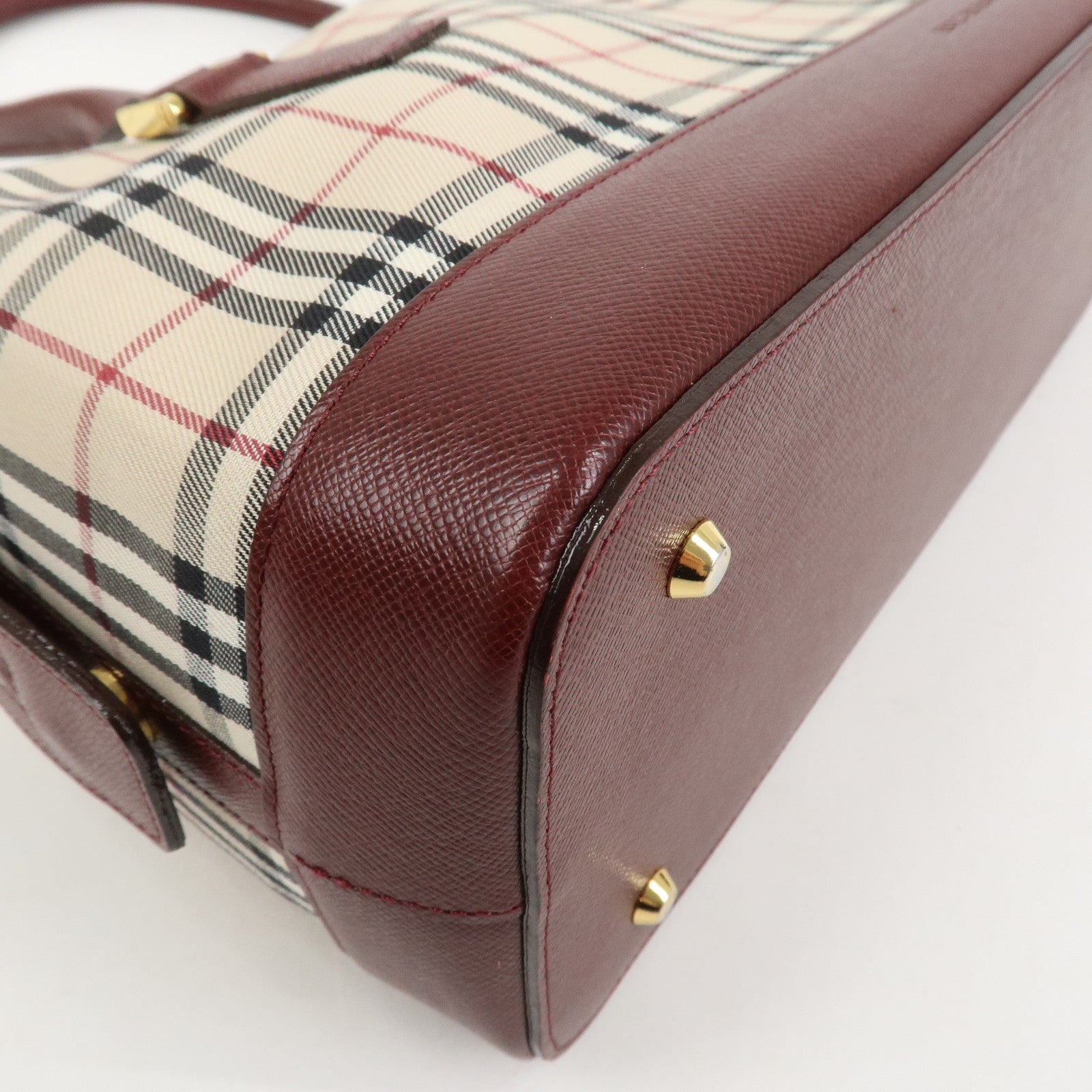 BURBERRY Nova Plaid Canvas Leather Shoulder Hand Bag Beige Bordeaux