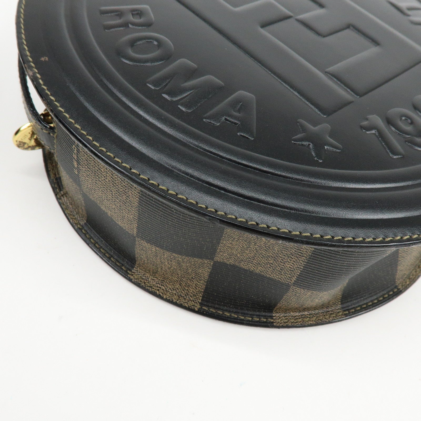 FENDI Leather PVC Round Shoulder Bag Checker Pattern Black Brown