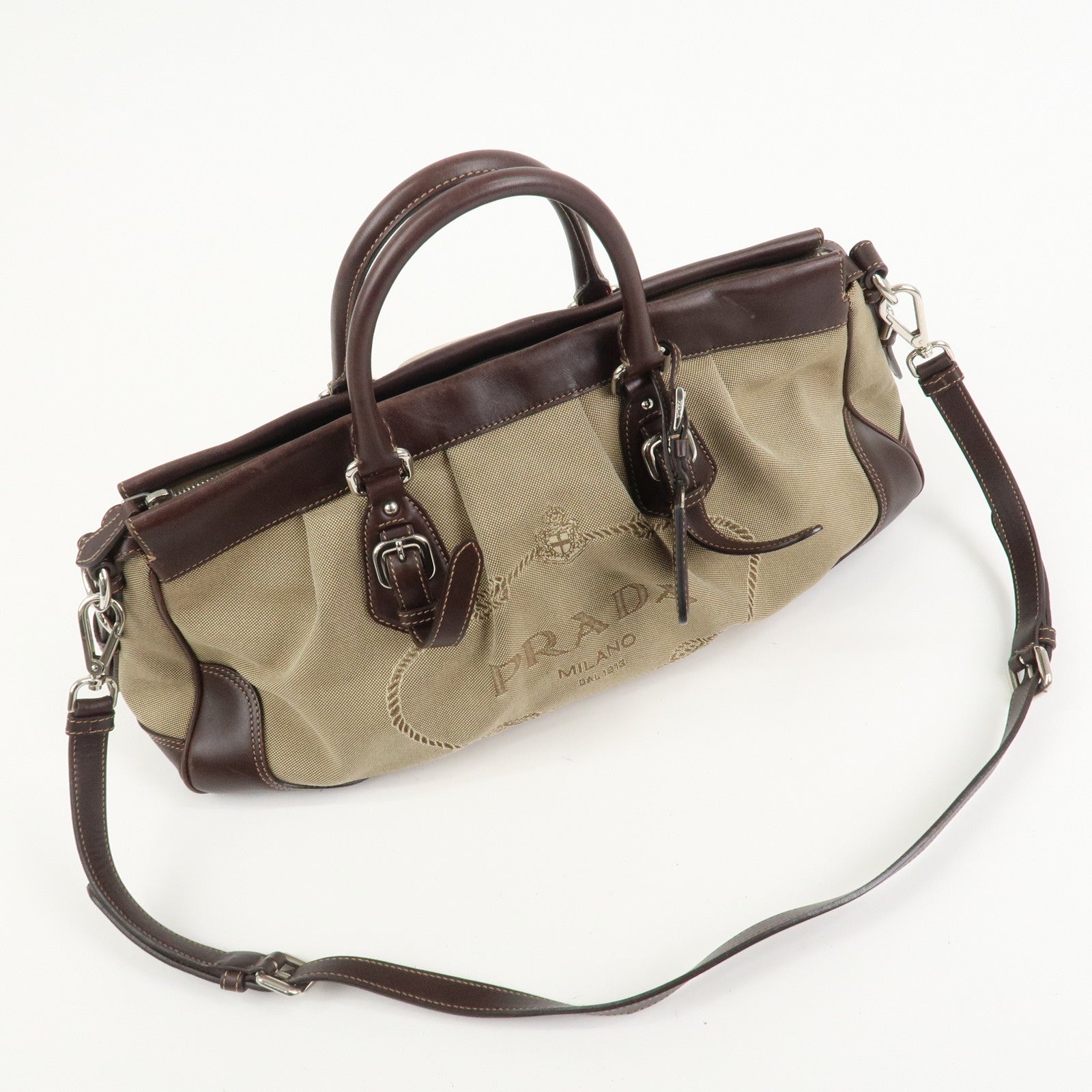 PRADA Logo Canvas Leather 2Way Bag Shoulder Bag Hand Bag Brown