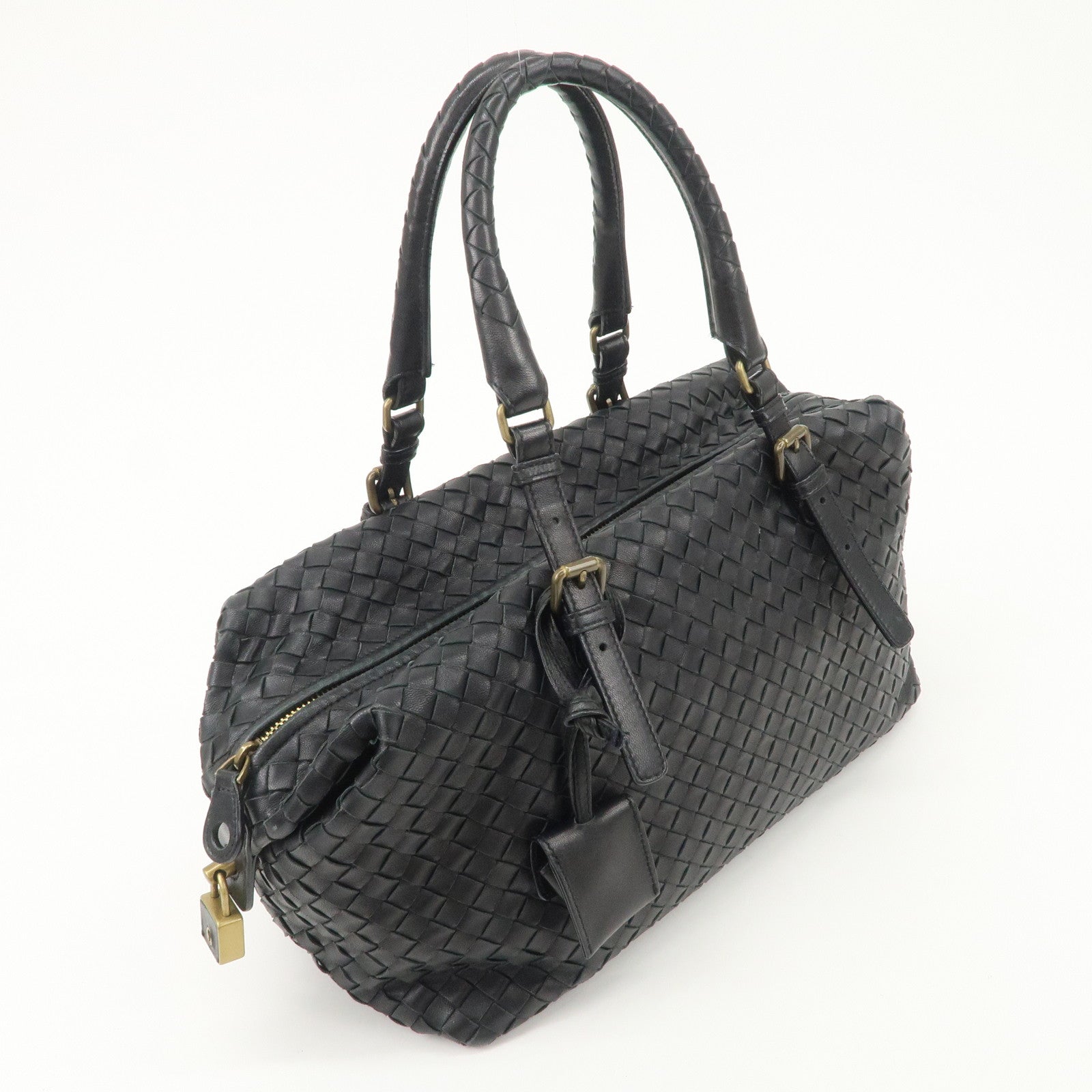 BOTTEGA VENETA Intrecciato Leather Boston Bag Hand Bag Black 173398