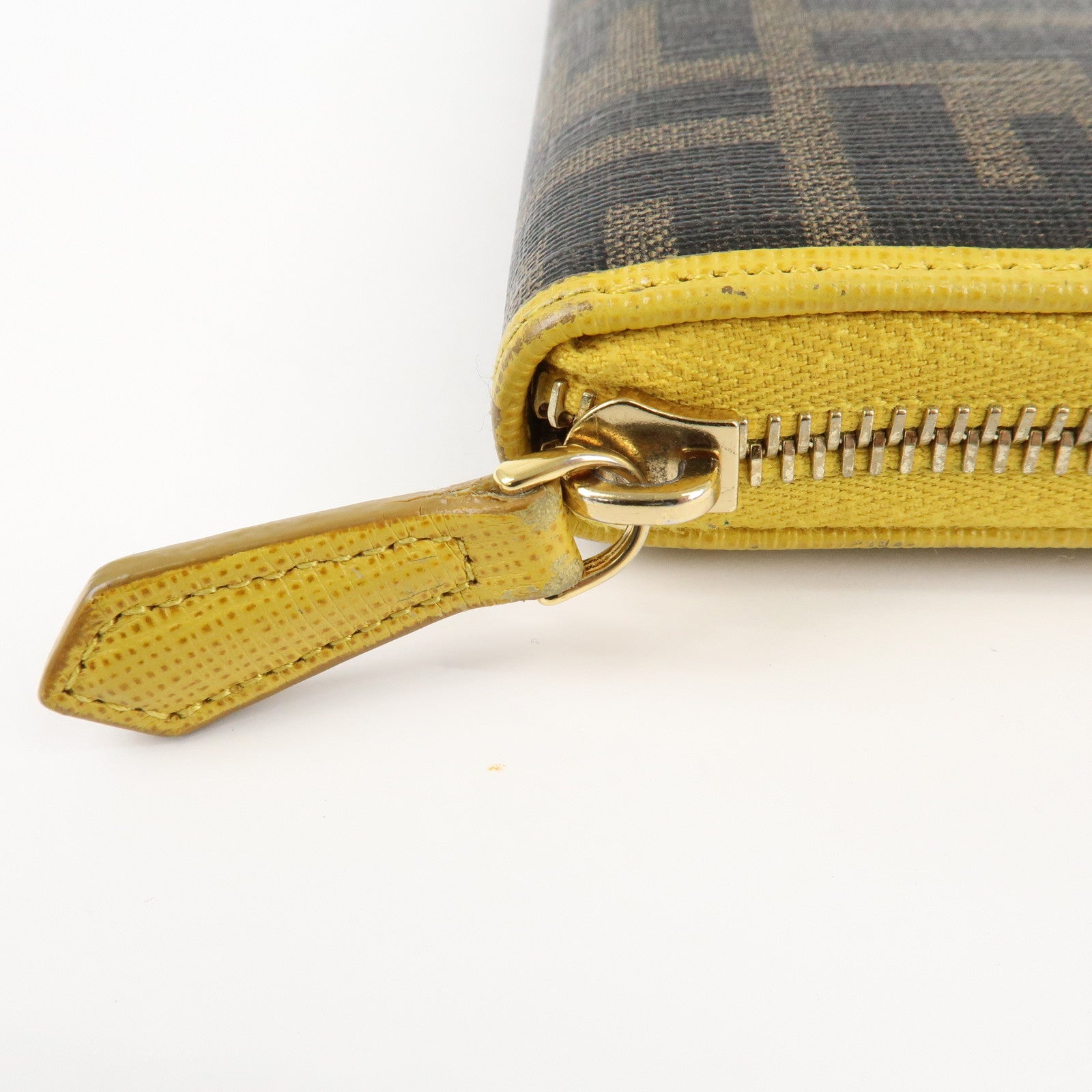 FENDI Zucca PVC Leather Round Zippy Long Wallet Brown Yellow 8M0299 Used