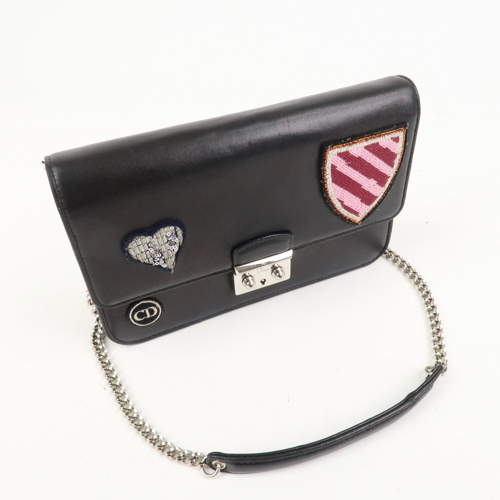 Christian Dior Leather Chain Shoulder Bag Heart Embroidery Black
