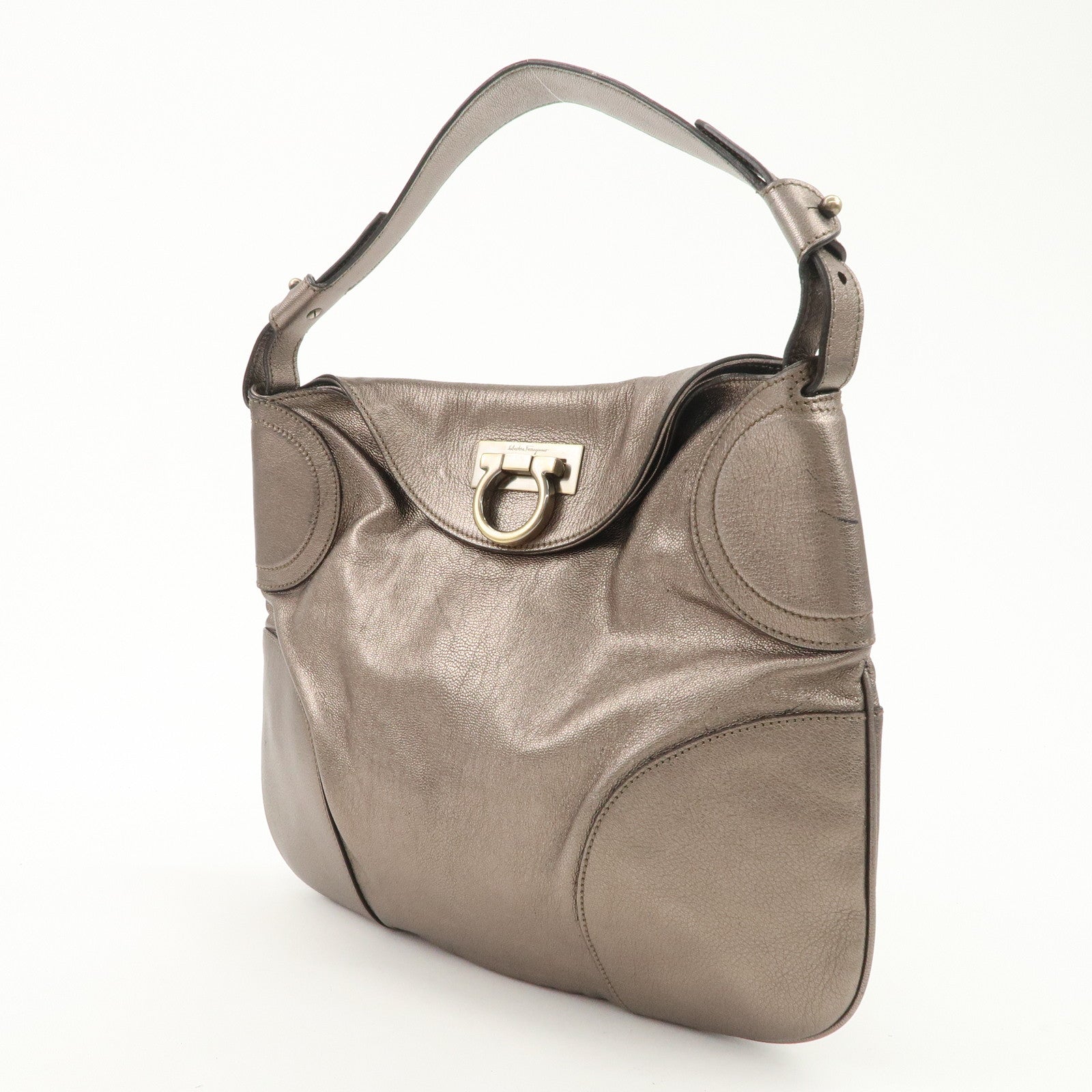 Ferragamo Gancini Leather Shoulder Bag Hand Bag Metallic Gray